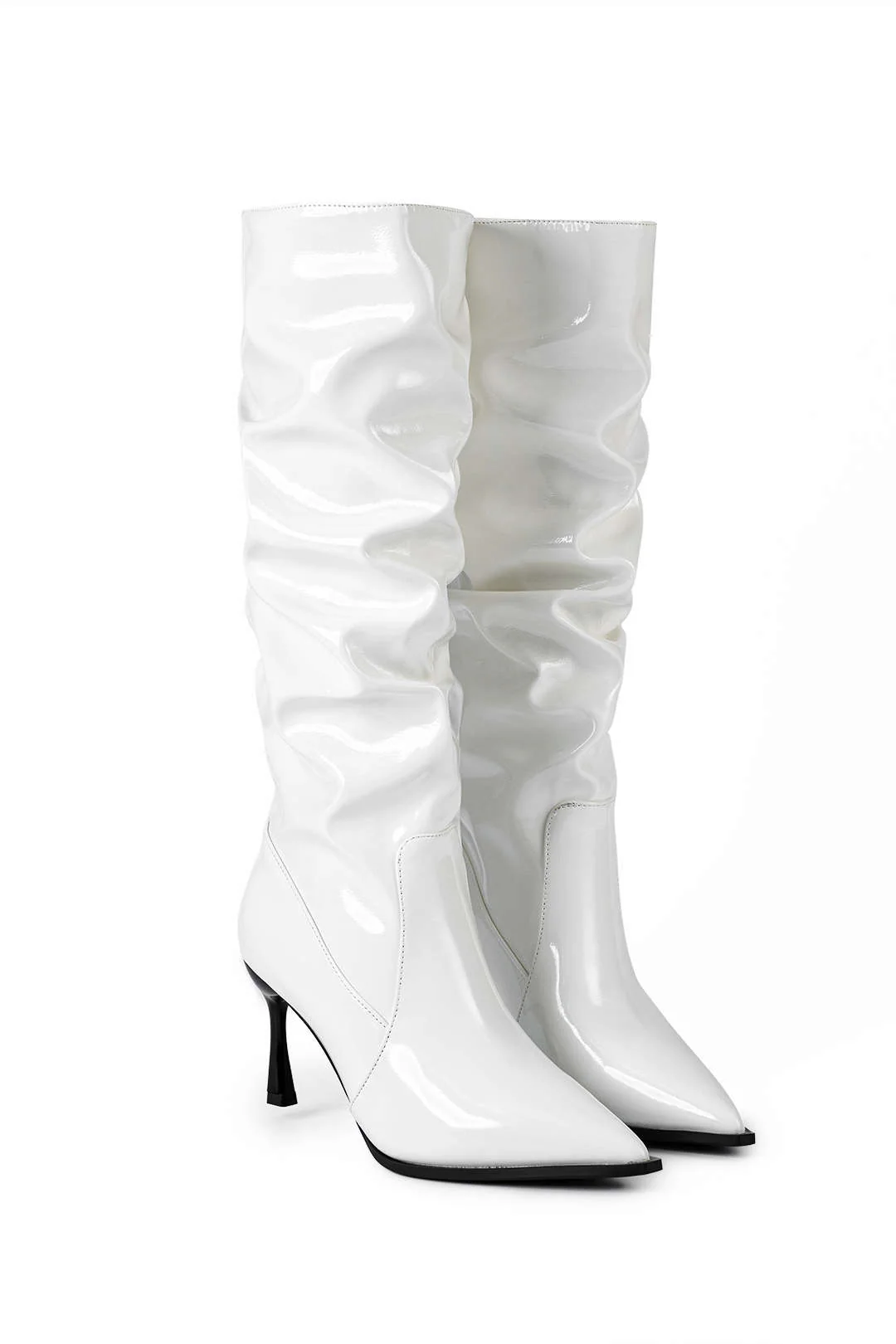 Faux Leather Ruched Pointed Toe Knee-High Boots