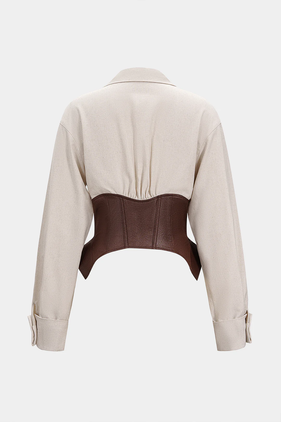 Faux Leather Linen Metallic Patchwork Ruched Long-Sleeve Shirt