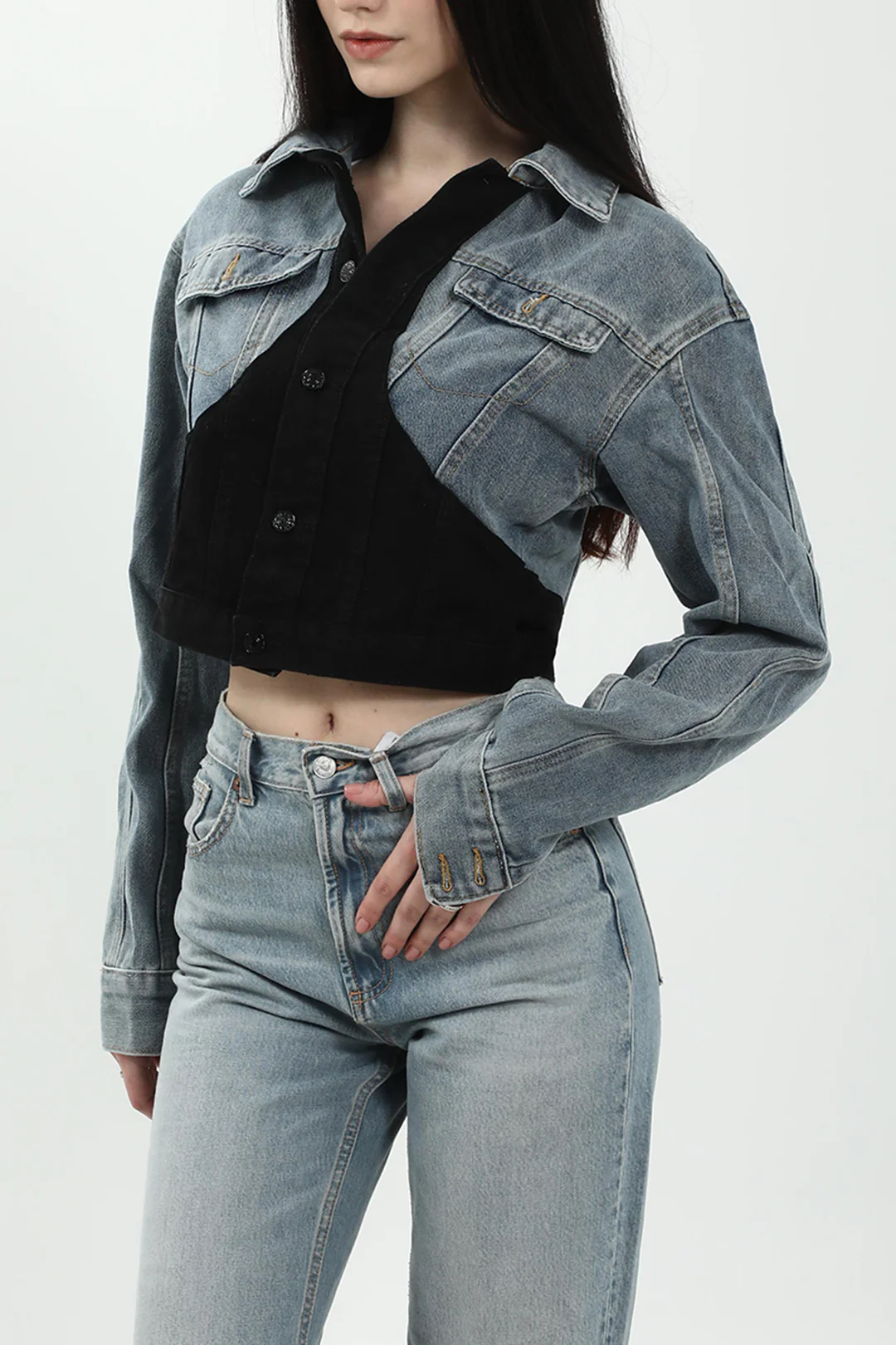 Denim Patchwork Contrast Cropped Jacket