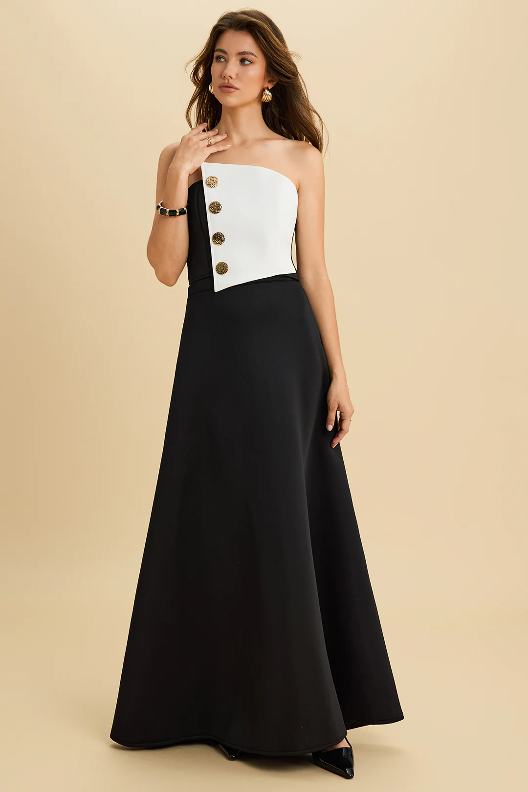 Asymmetrical Metallic Button Wrap Tube Top and High Waist Zipper Skirt Outfit Set