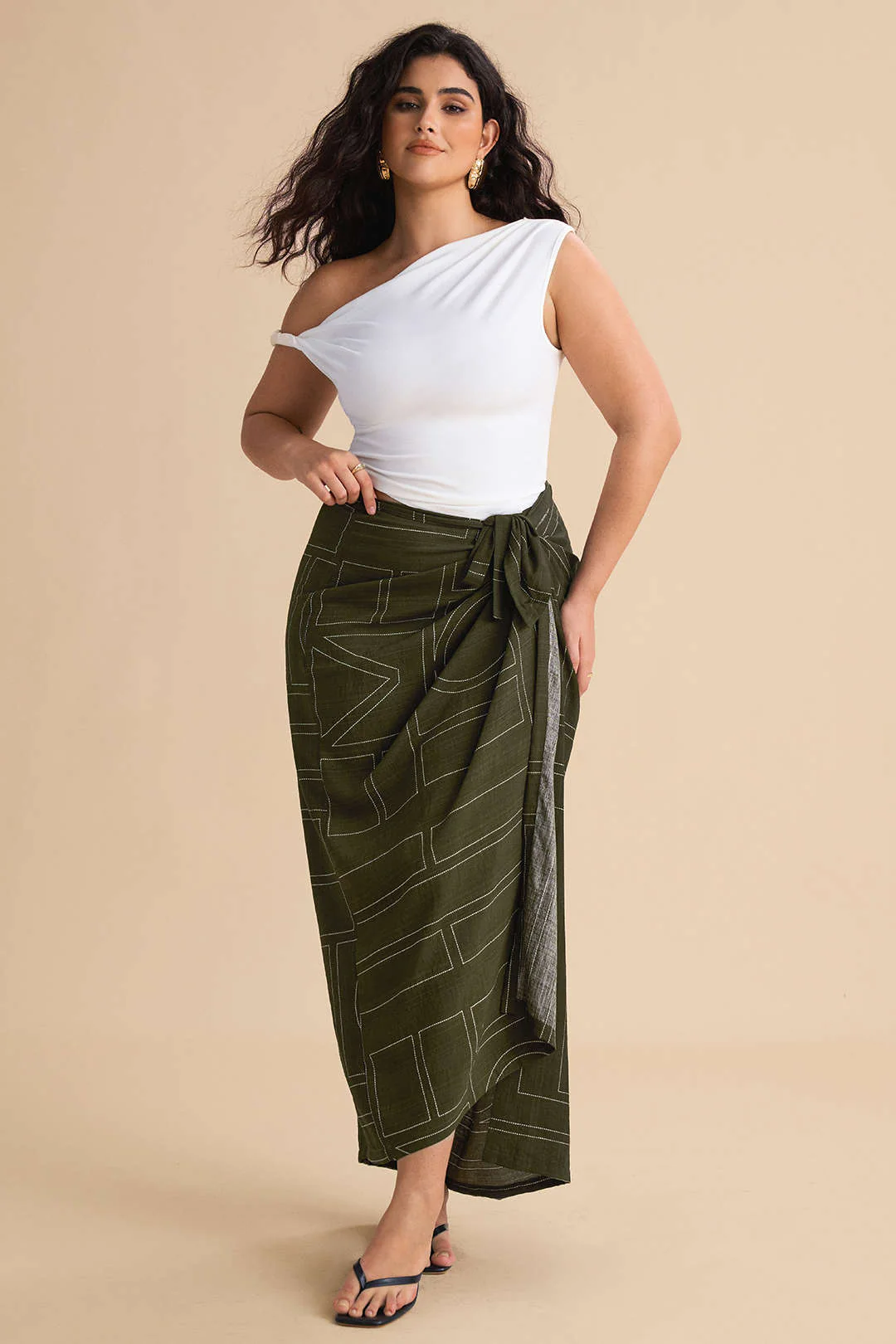 Plus Size Geometric Print Knotted High Waist Skirt