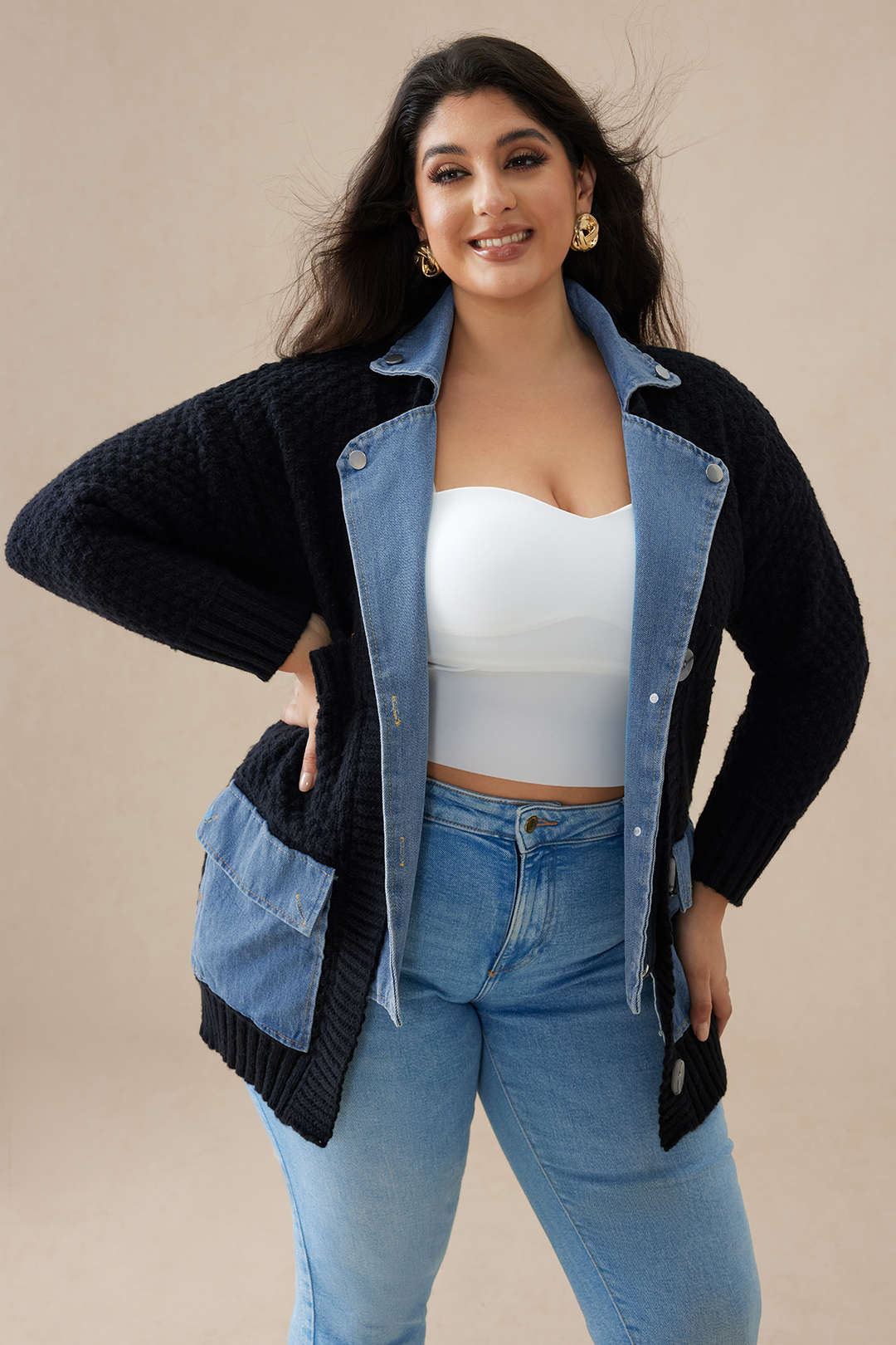 Plus Size Sweater Button Denim Patchwork Cardigan