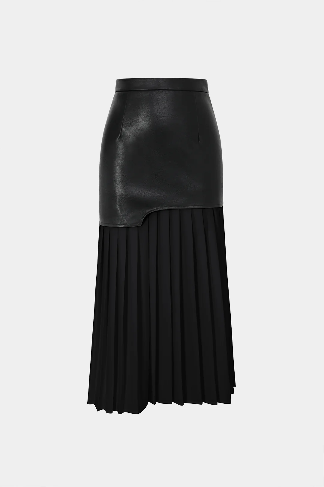 Contrasting Pleated Faux Leather Mid-length Skirt