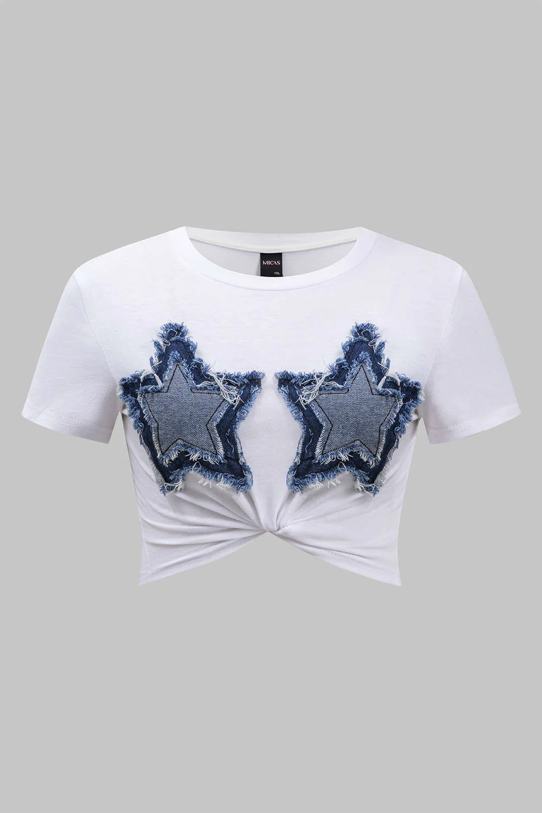 Plus Size Round Neck Denim Patchwork Short Sleeve Tee