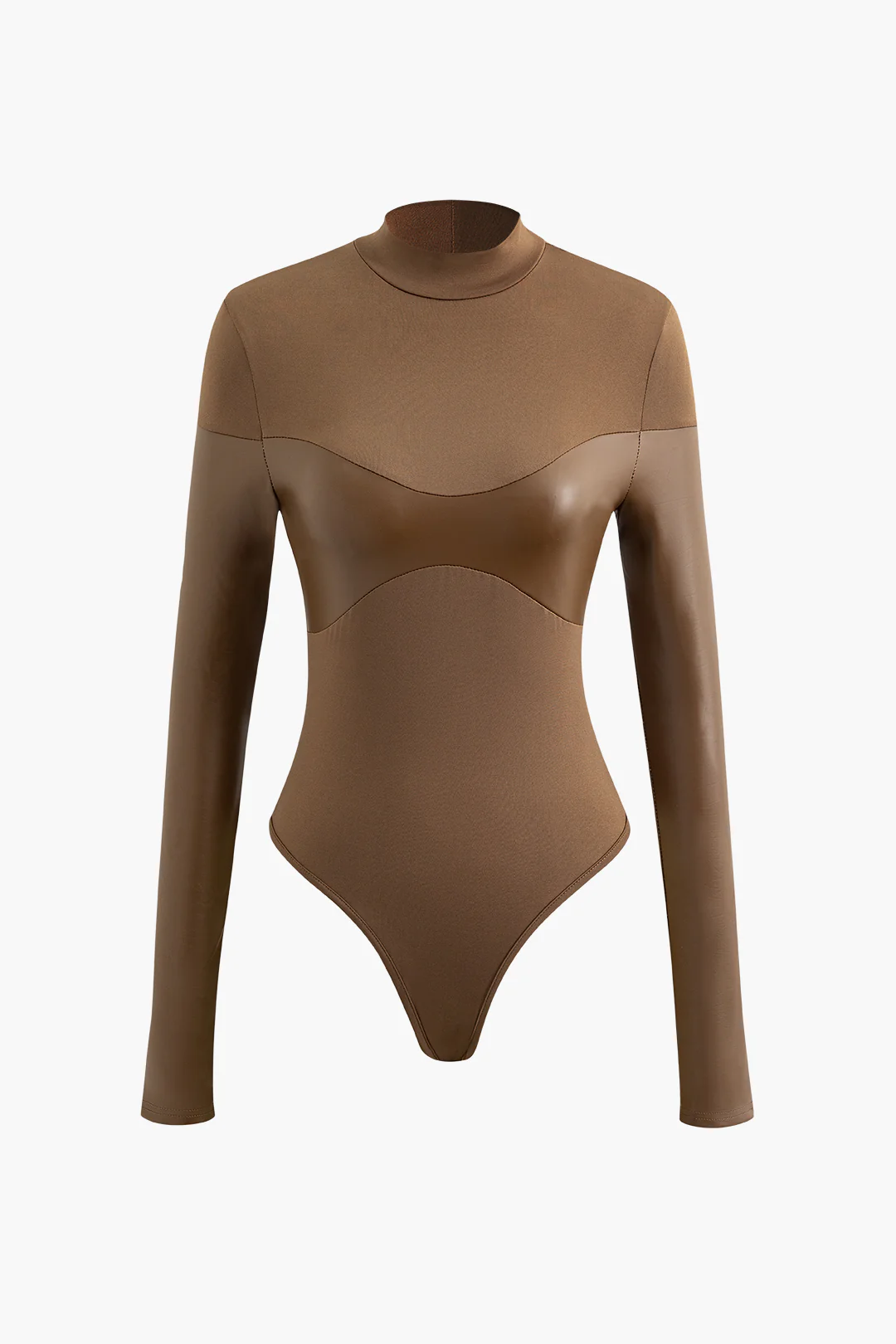 Mock Neck Faux Leather Panel Long Sleeve Bodysuit