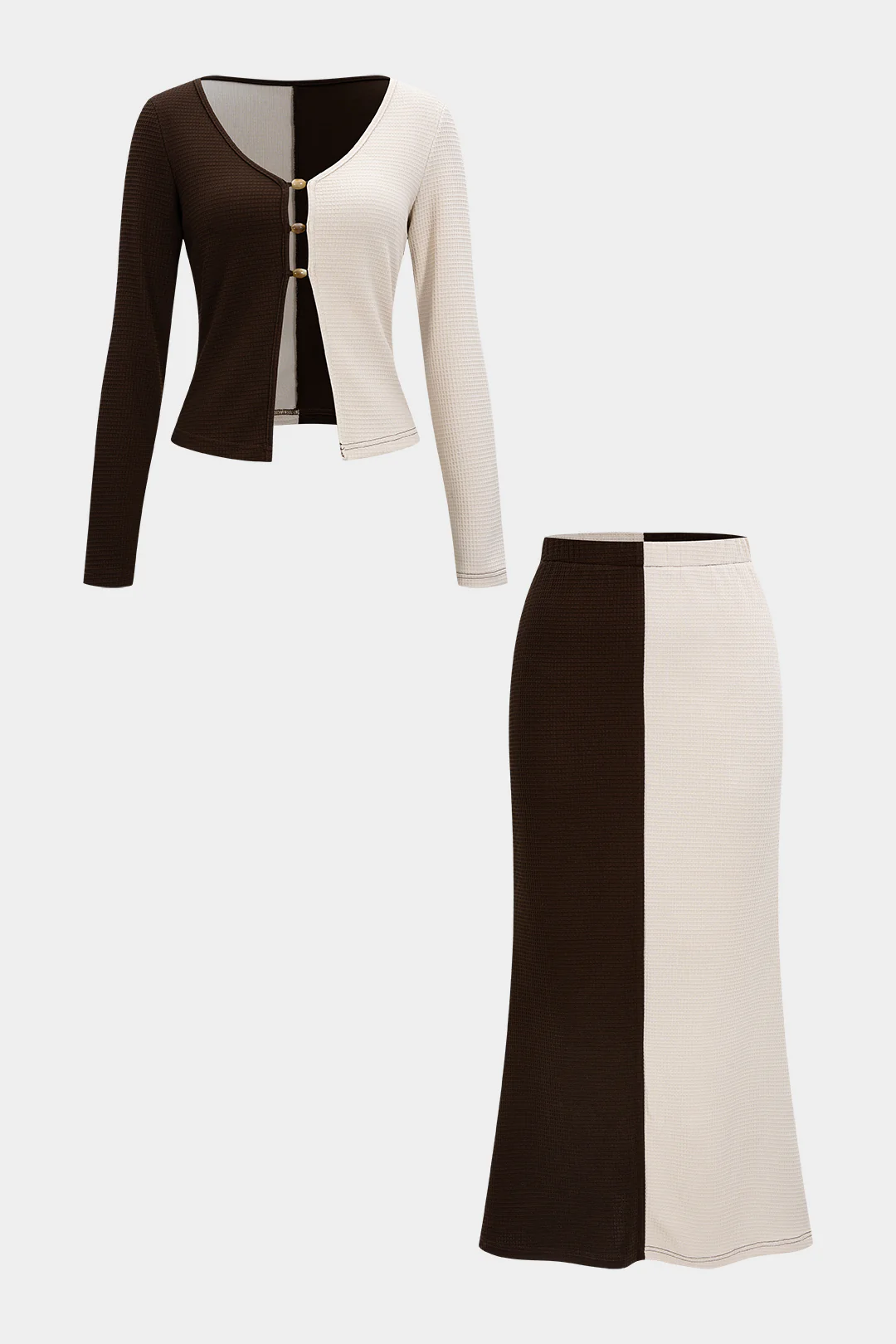 Contrasting Button Long-Sleeve Top and High-Waist Skirt Set