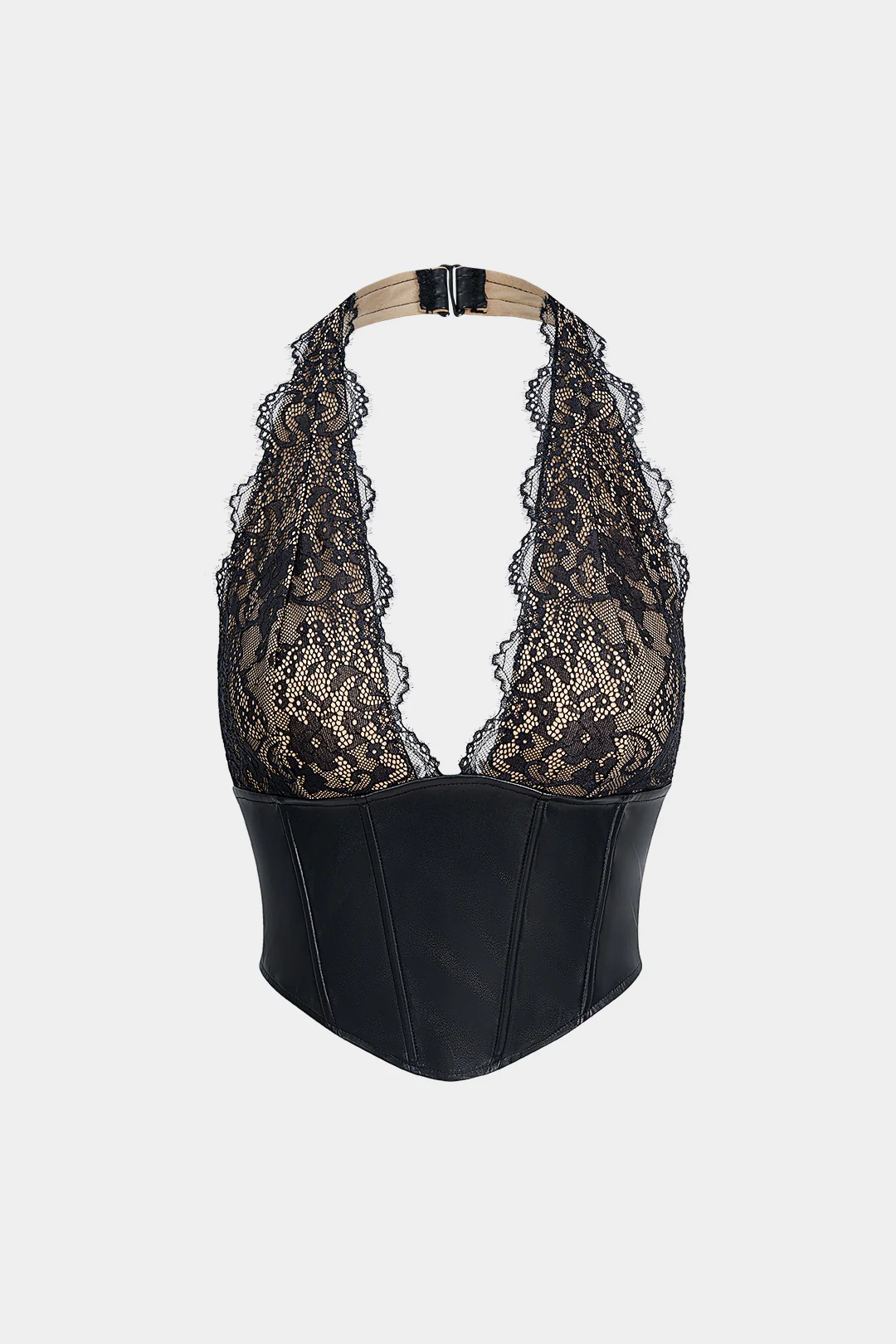 Faux Leather Halter Neck Lace Patchwork Tank Top