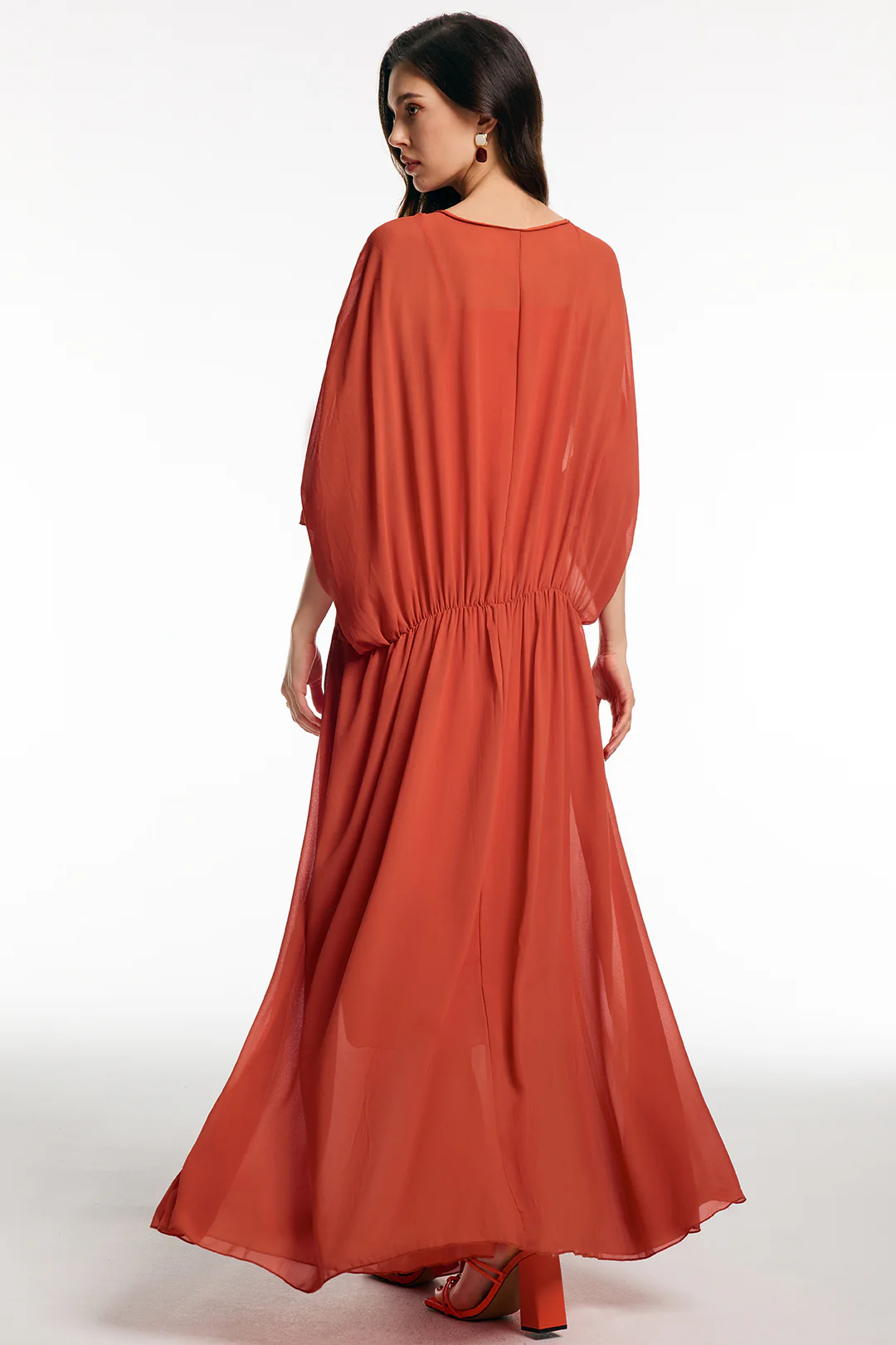 Chiffon V-Neck Ruched Short-Sleeve Maxi Dress