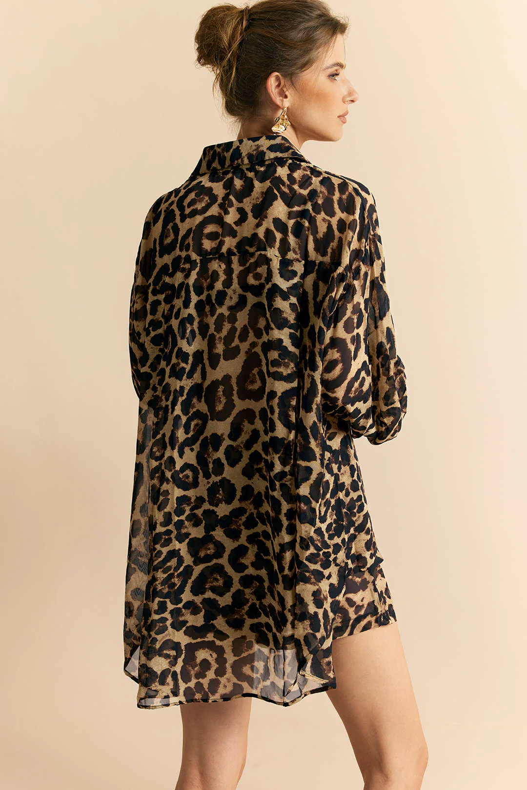 Leopard Print Chiffon Batwing Long Sleeve and Shorts Outfit Set