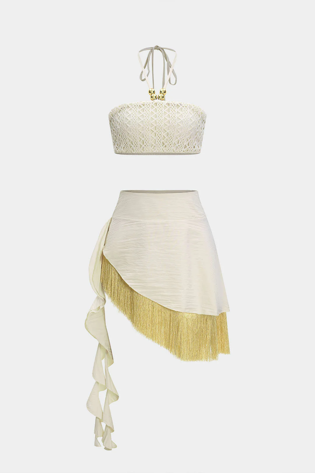 Beaded Halter Neck Tank Top and Fringe Trim Skirt Ensemble