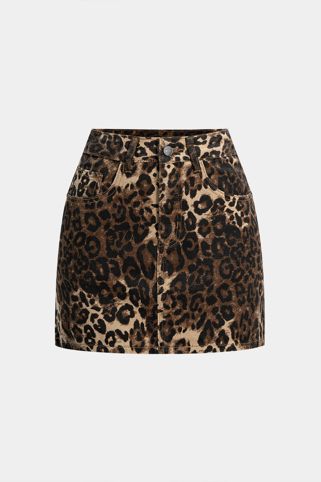 Denim Leopard Print High-Waist Skirt