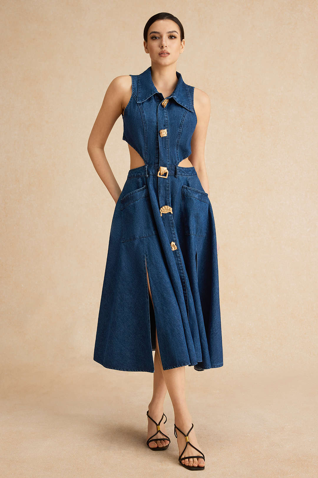 Denim Button Cut-Out Dress
