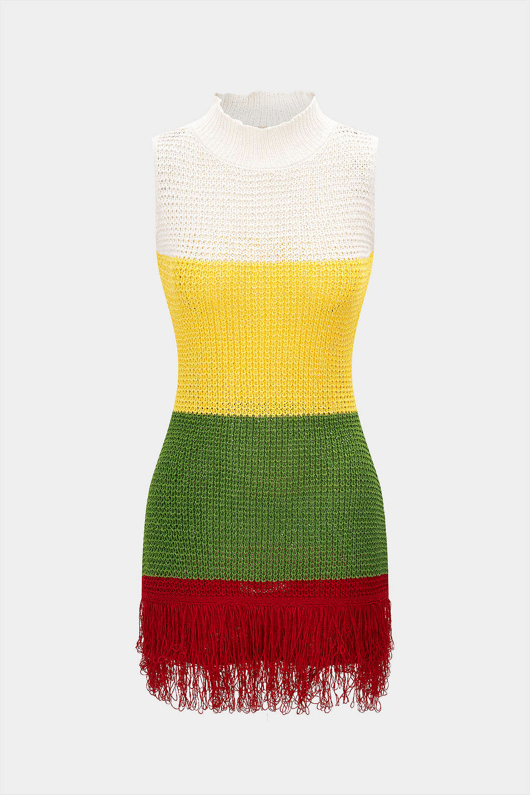 Knit Contrast Mock Neck Fringe Hollow-Out Sleeveless Dress