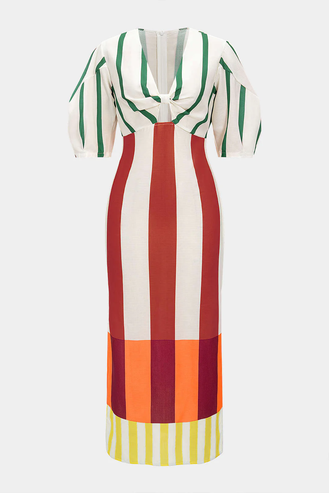 Stripes Print Linen Hollow Out Short Sleeve Midi Dress