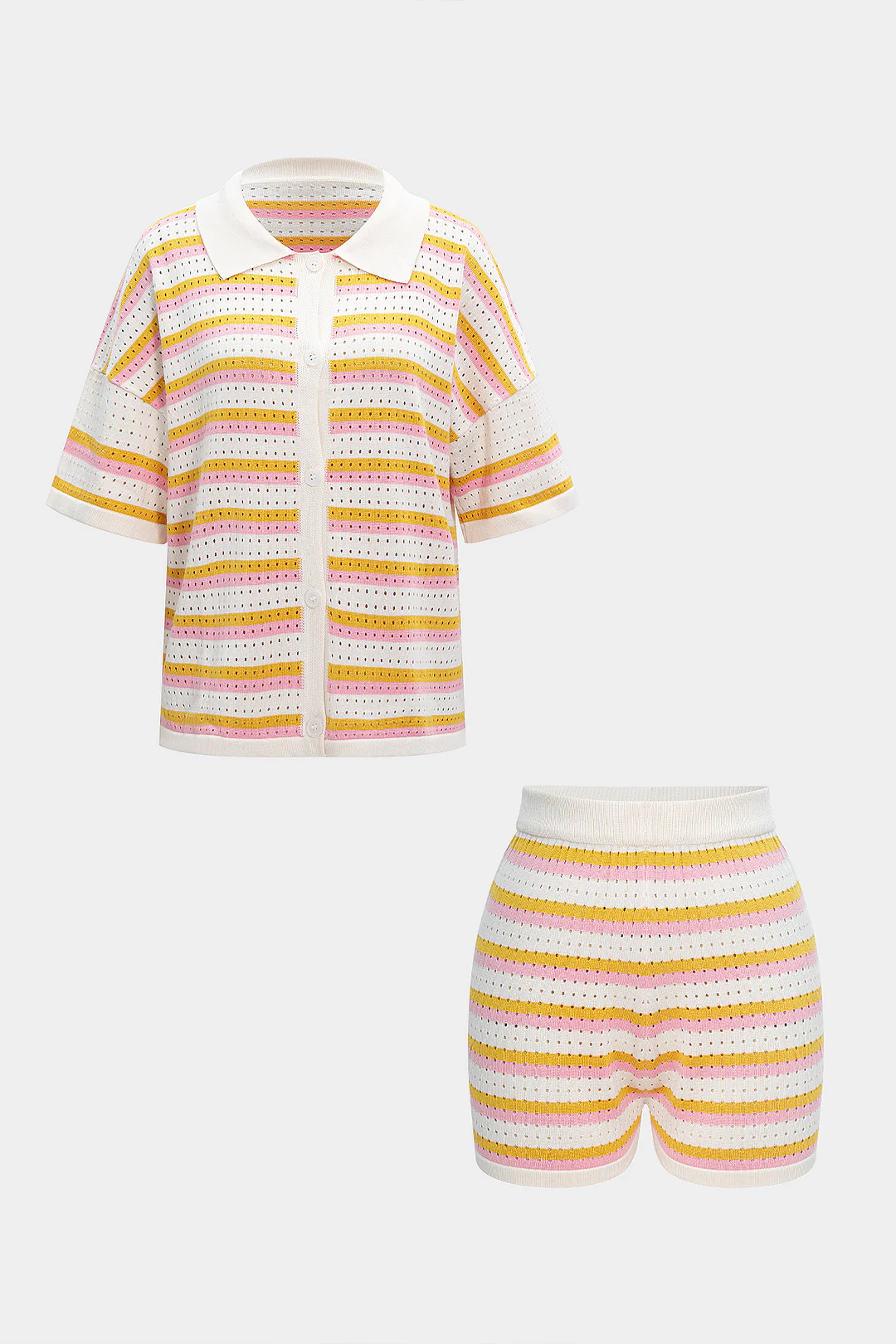 Knit Color Block Stripes Print Button Short-Sleeve Shirt And Shorts Set