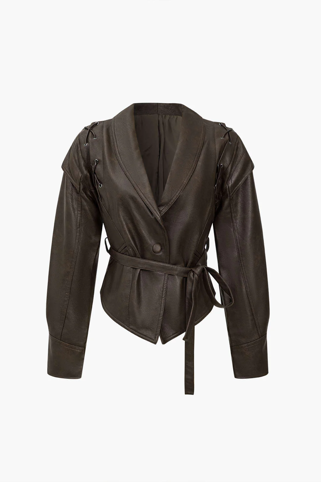 Faux Leather Tie-Front Button Crossed Jacket