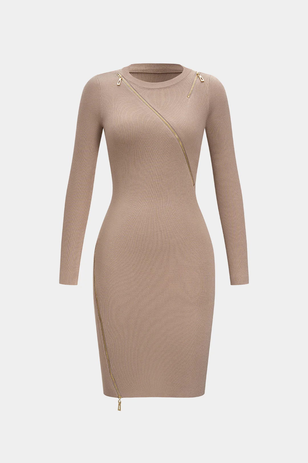 Knit Asymmetric Zipper Long-Sleeve Dress
