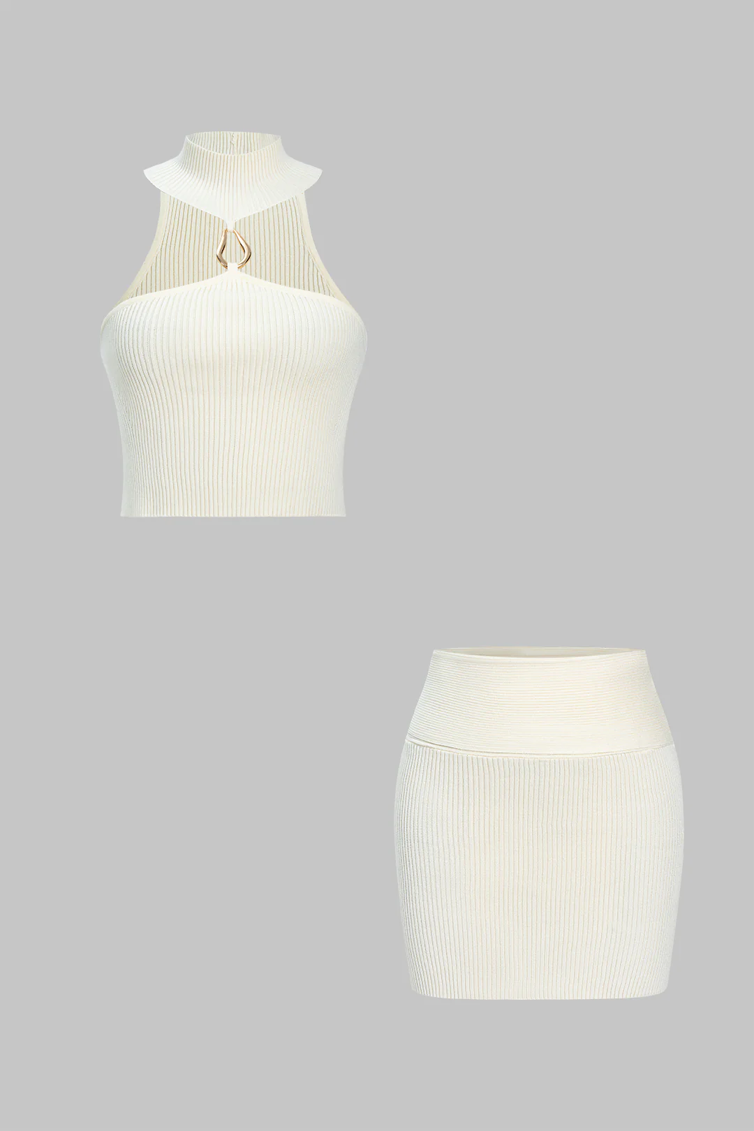 Knit Metallic Decorated Cut-Out Camisole Top and Mini Skirt Set