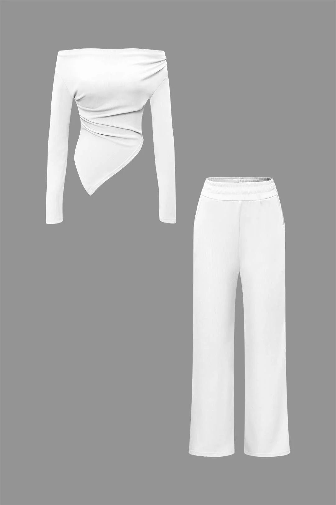Off-the-Shoulder Ruched Asymmetric Top and Straight-Leg Pants Set