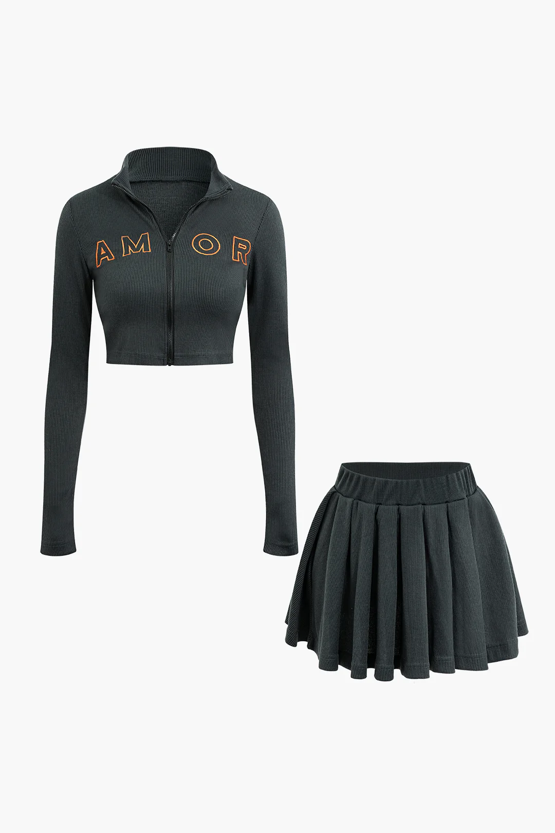 Embroidered Letter Ribbed Stand Collar Zipper Crop Cardigan and Pleated Mini Skirt Set