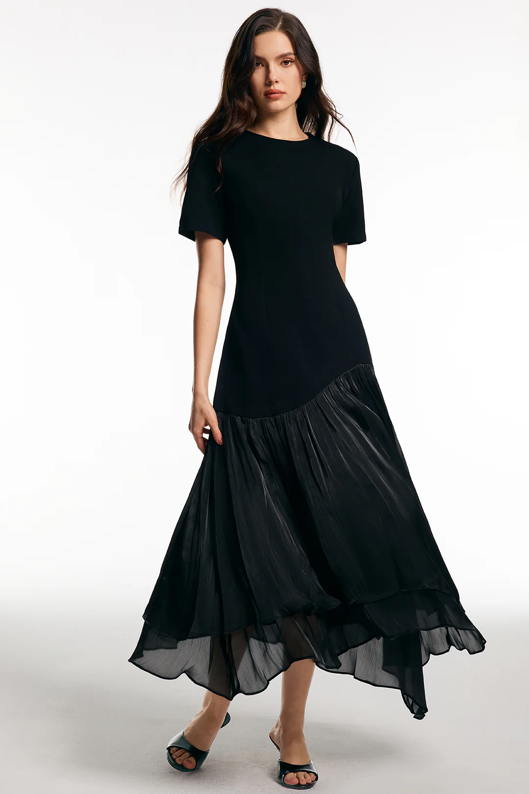 Patchwork Ruffled Hem Short-Sleeve Maxi Dress