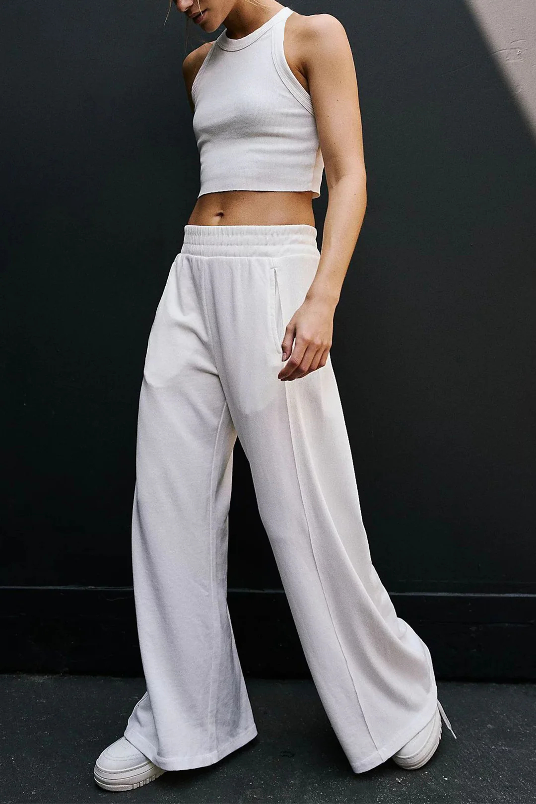 Solid Basic Tank Top And High Waist Wide Leg Trousers Set