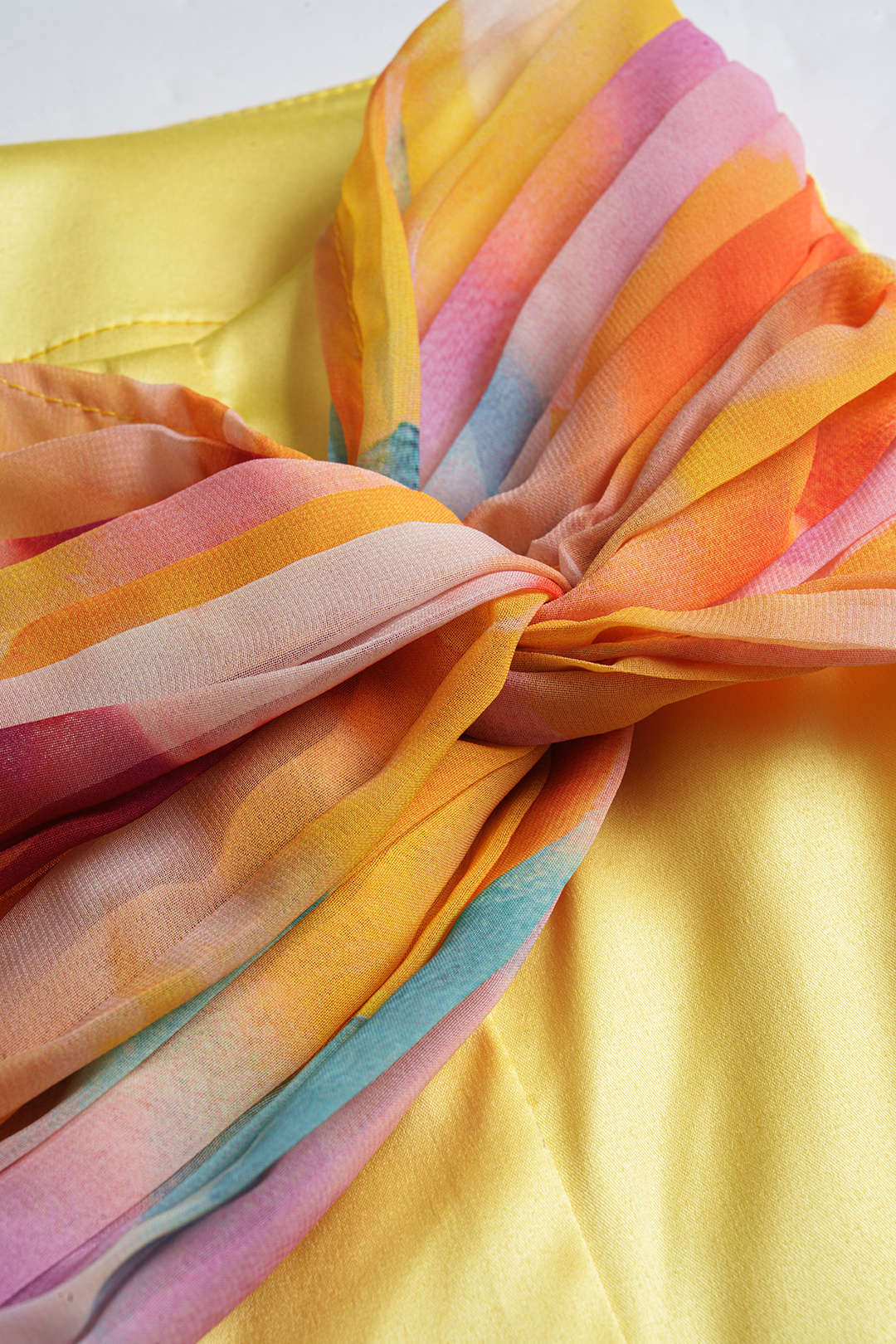 Ombre Print Chiffon Satin Ruched Twist Knot Split Skirt