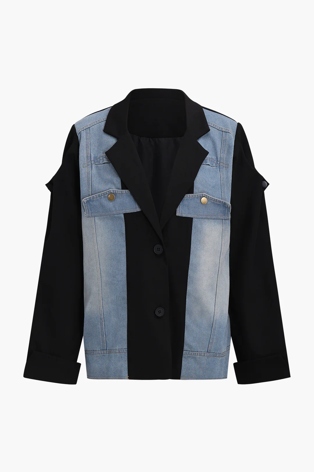 Denim Patchwork Notched Lapel Outer Garment
