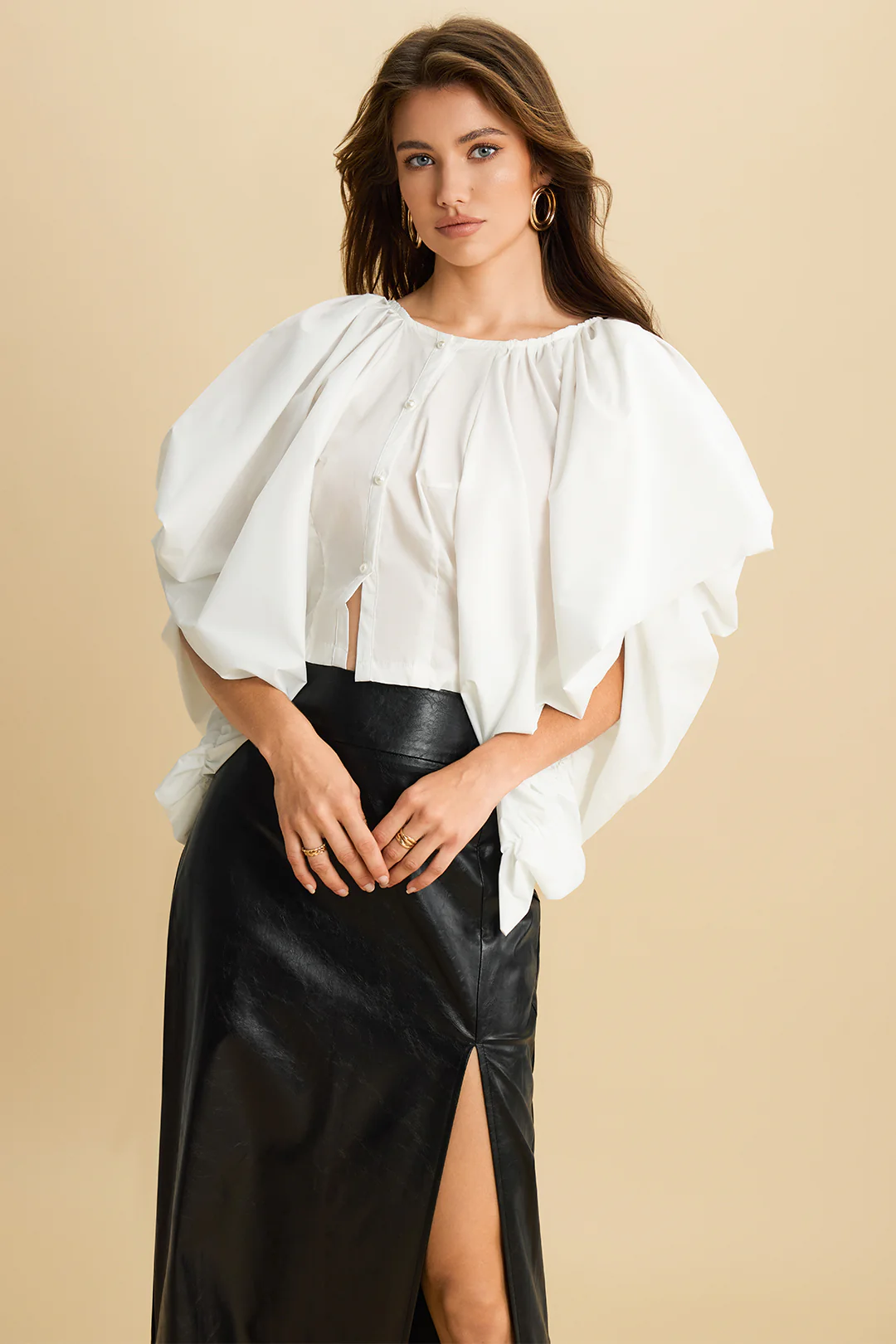 Button Ruched Short-Sleeve Shirt