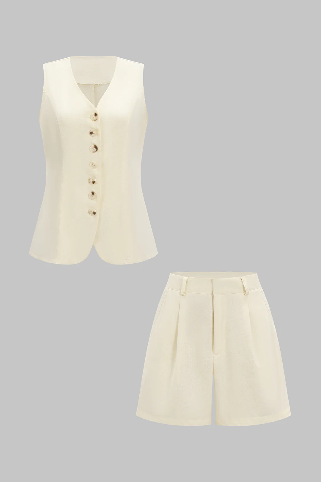 Linen Button Vest and Ruched Shorts Outfit Set