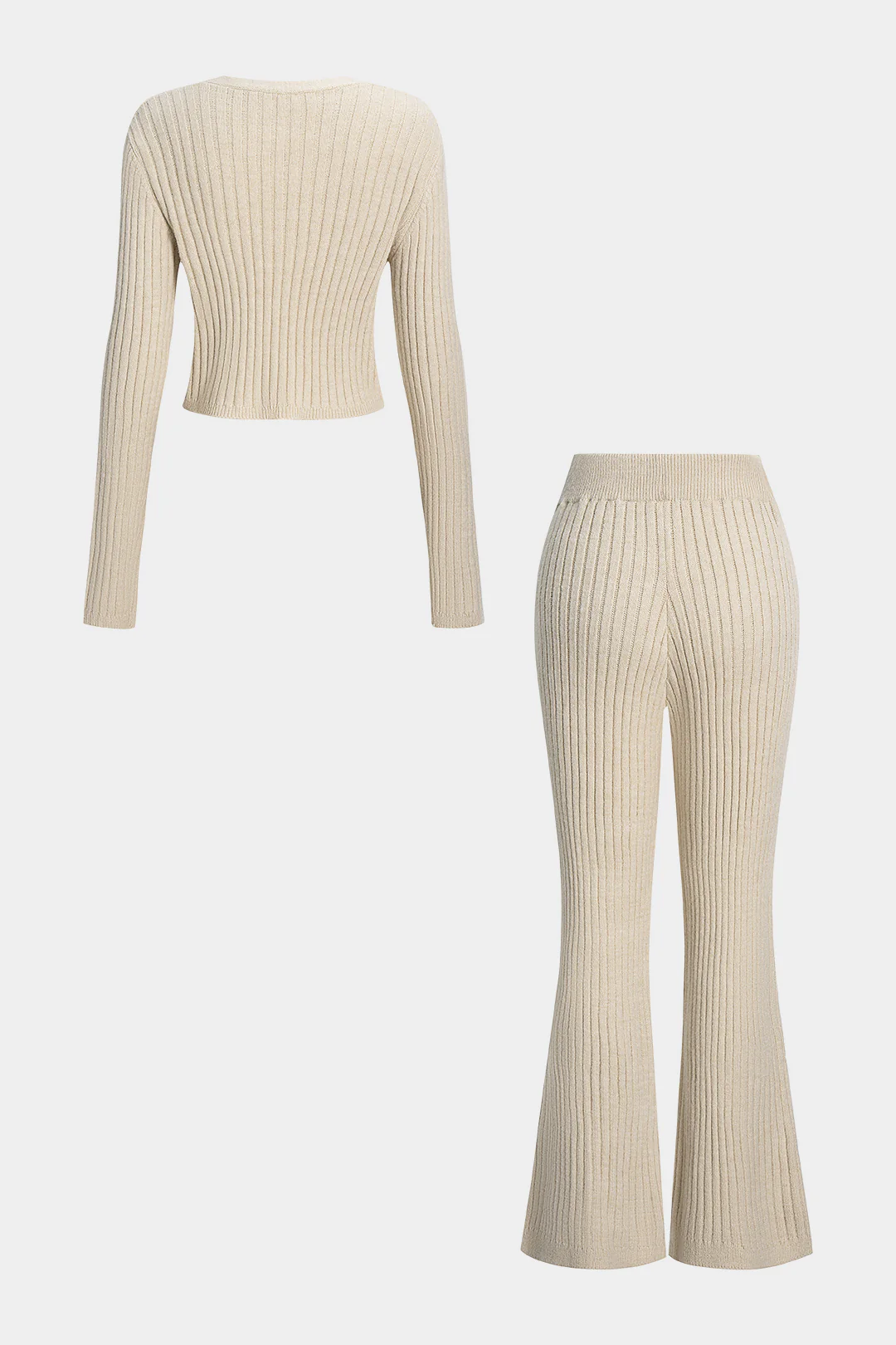 Knit Ribbed Button Long-Sleeve Top And Bell Leg Trousers Set