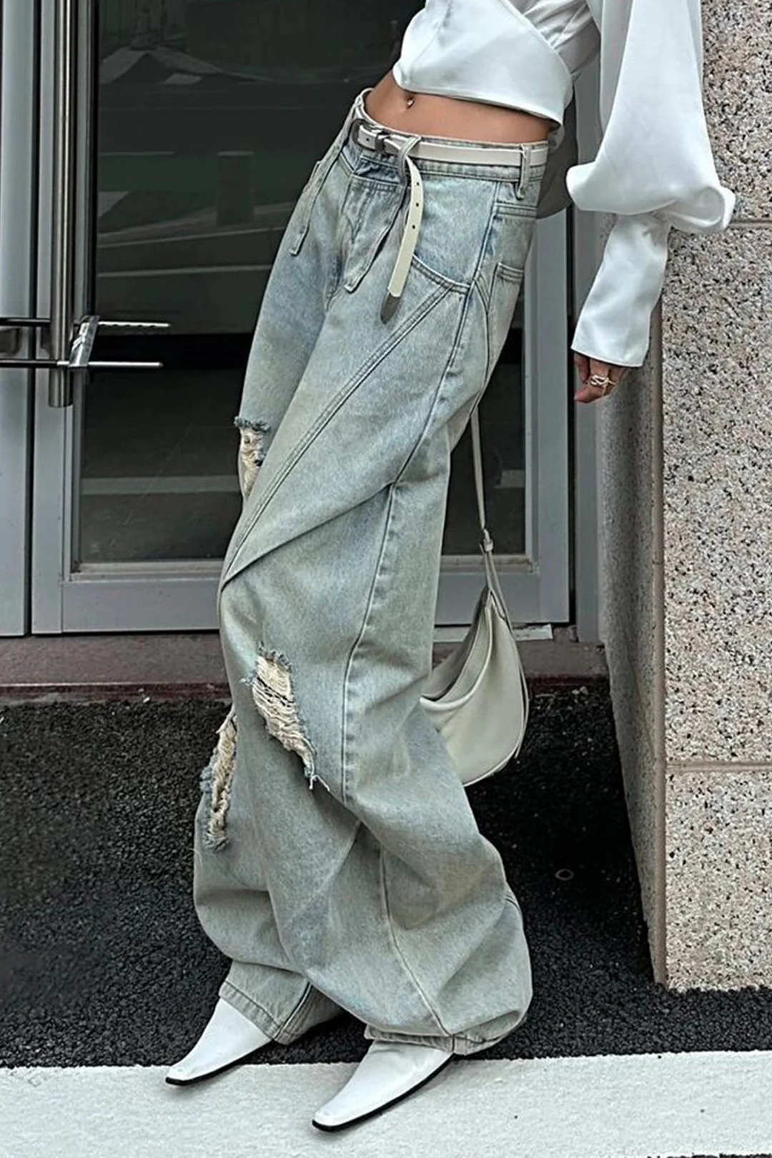 Denim Ripped Ruched Barrel Jeans