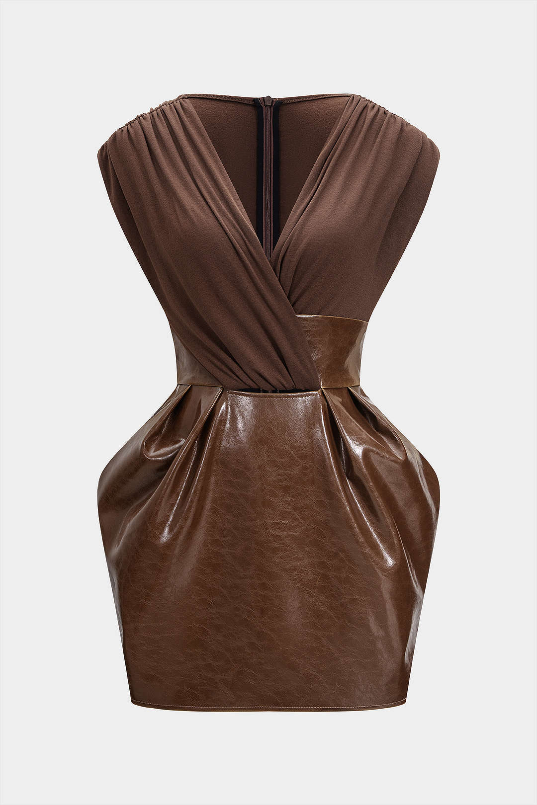 Faux Leather Patchwork V-Neck Ruched Sleeveless Mini Dress