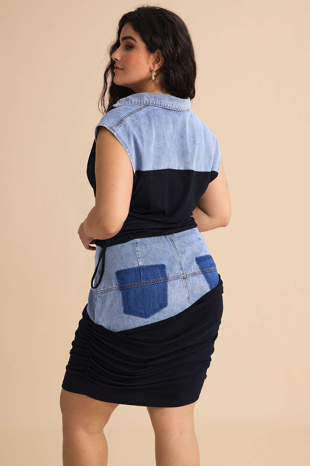 Plus Size Denim Ruched Patchwork Zipper High-Waisted Skirt