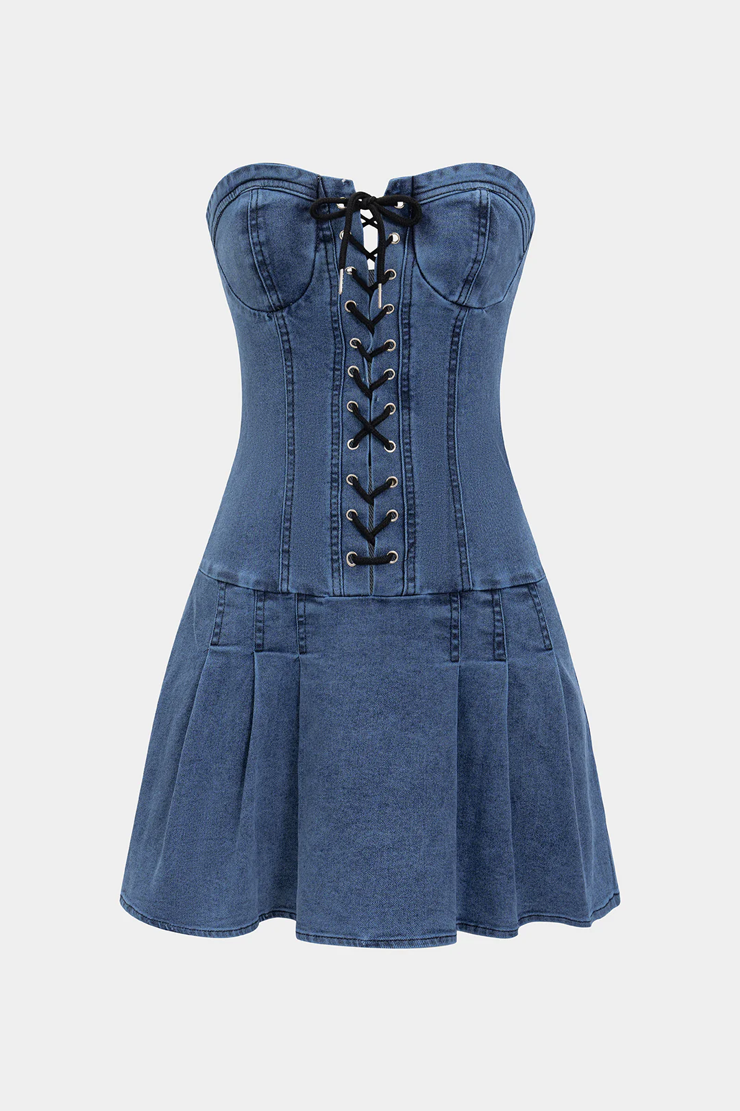 Denim Tie-Front Bustier Zipper Sleeveless Dress