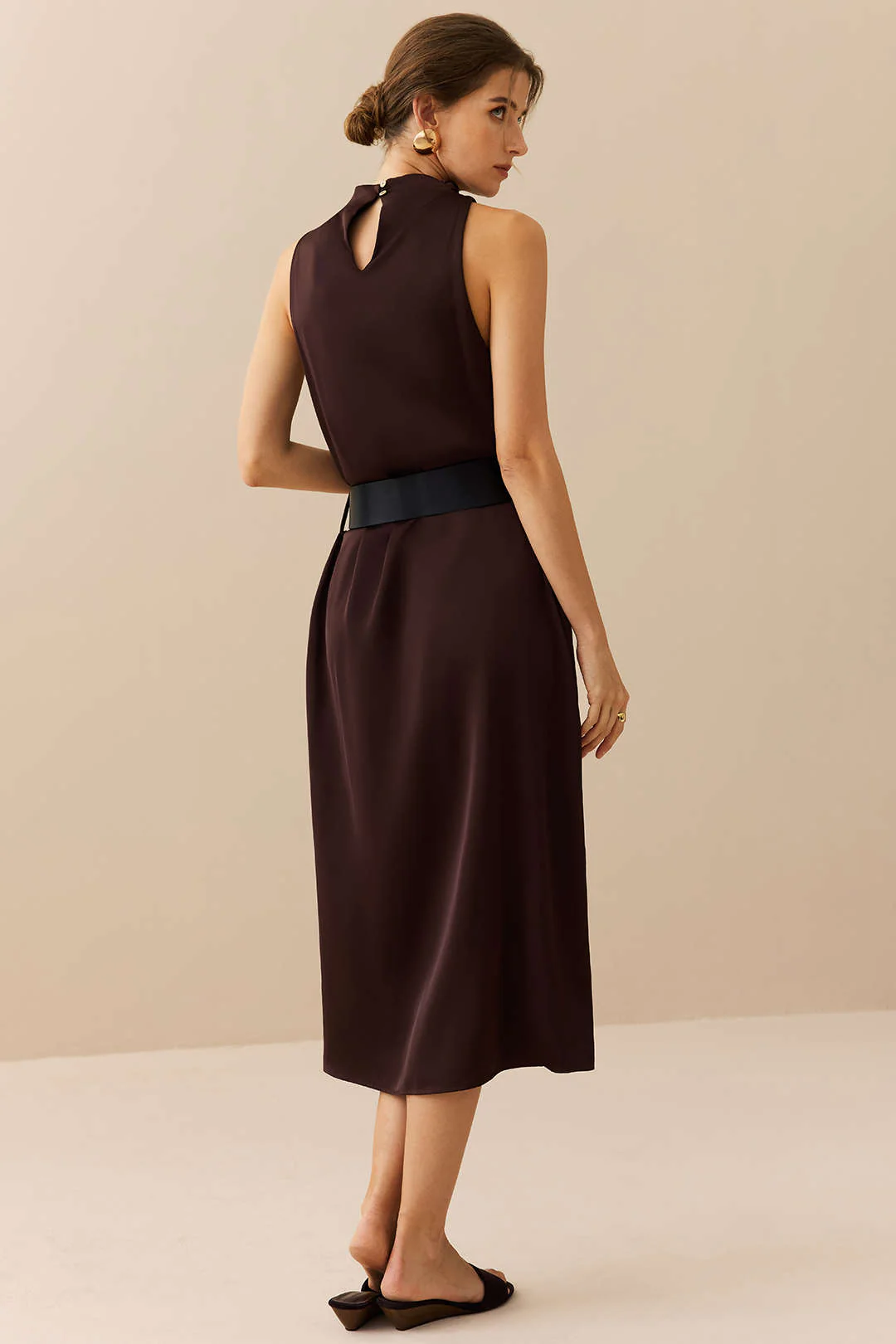 Satin Ruched Belted Sleeveless Floor-Length Dress