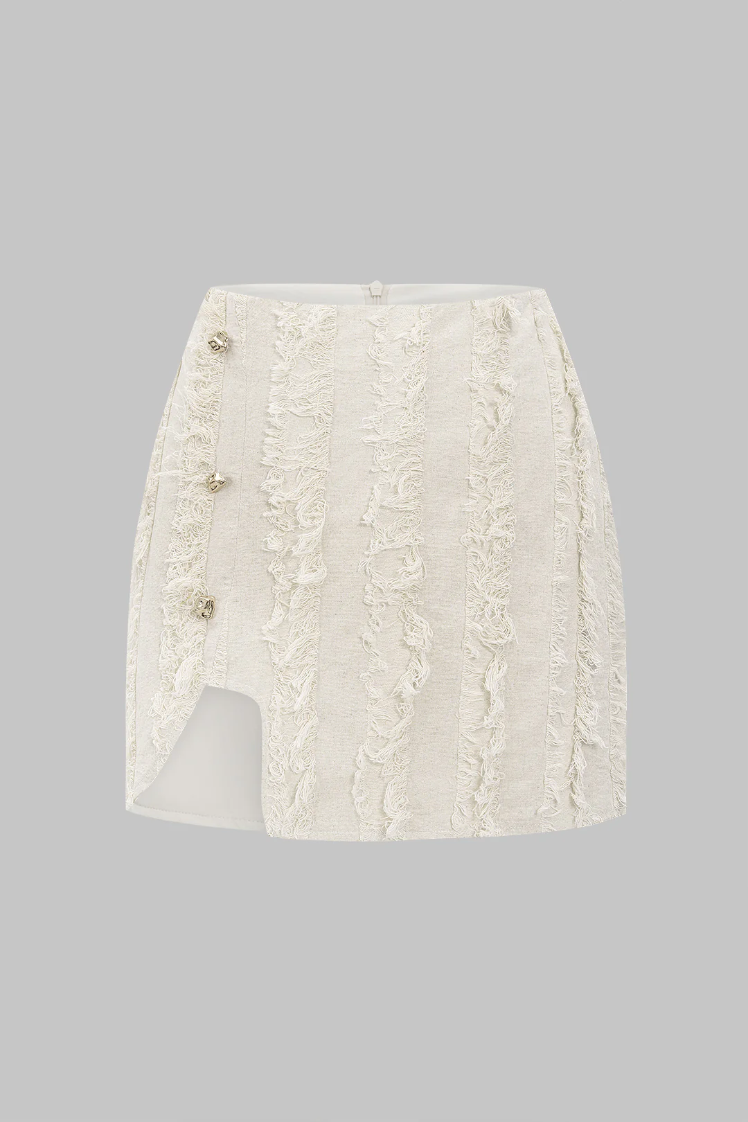Linen Fringe Metallic Button Asymmetric Skirt