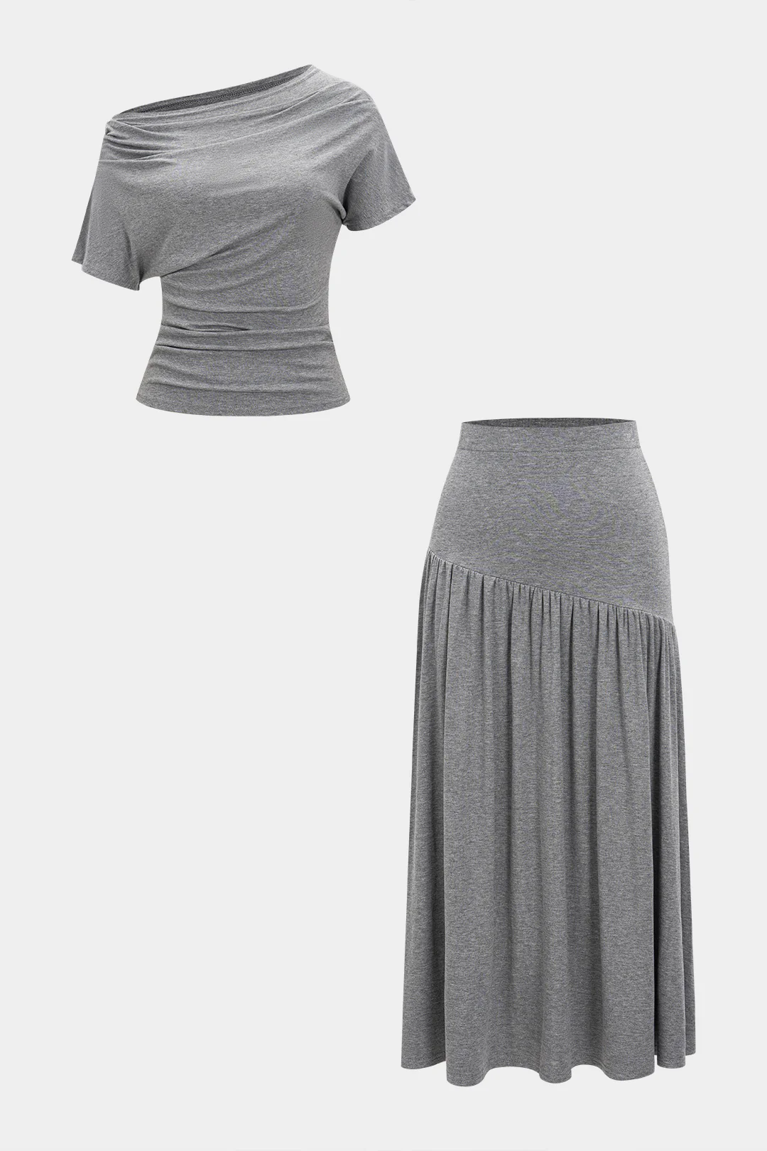 Solid Ruched T-Shirt And High Waist Skirt Set