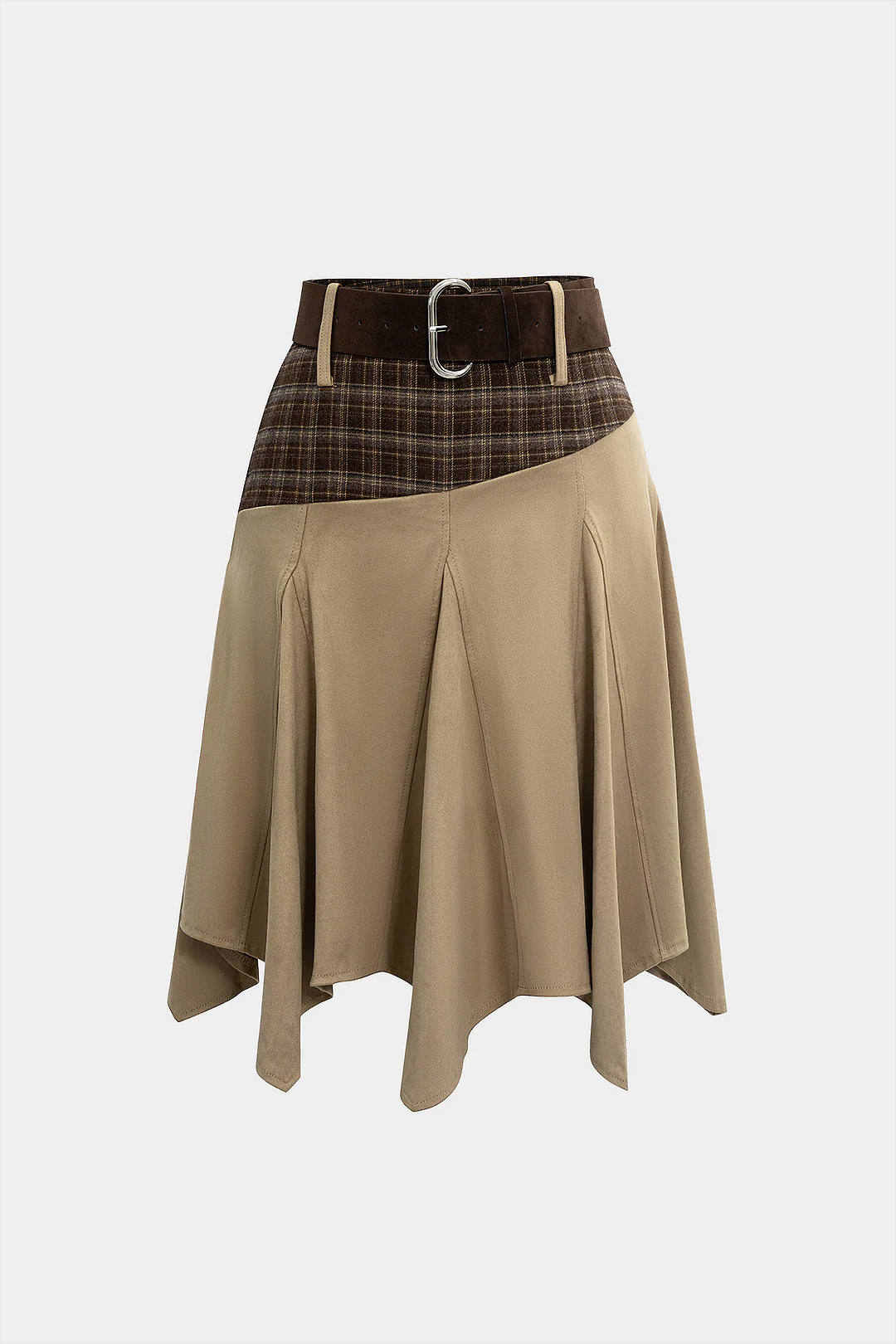 Suede Patchwork High Waist  Belted Skirt