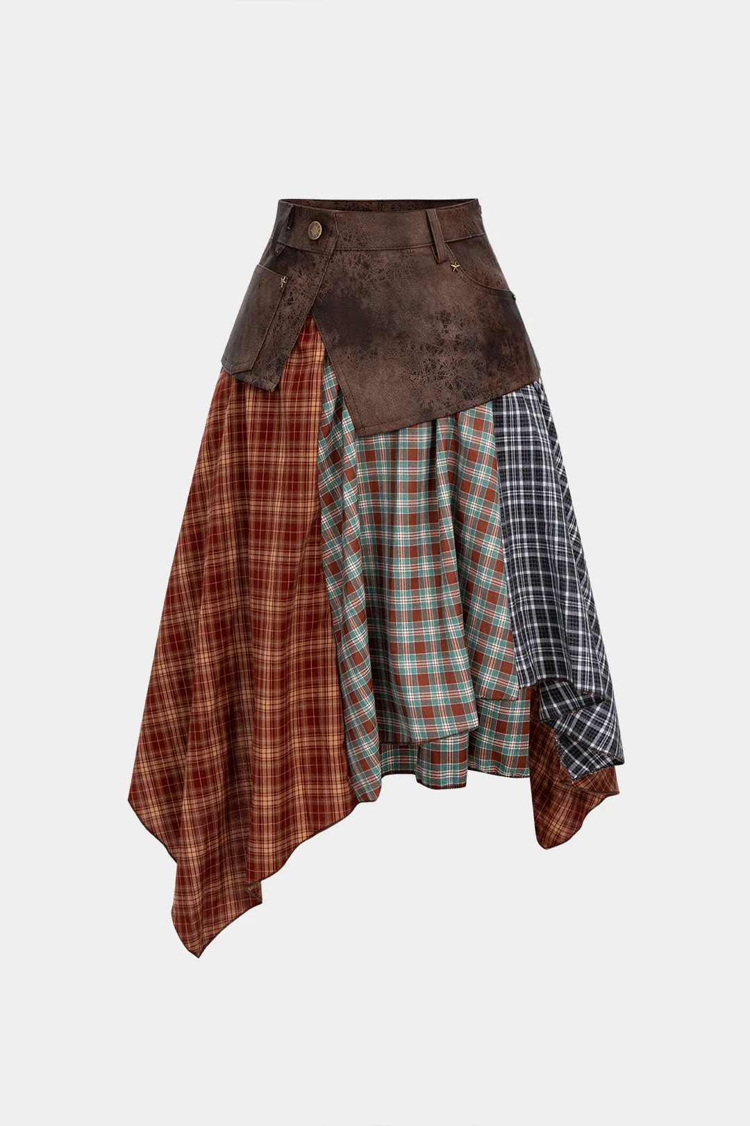 Plaid Contrast Print Faux Leather Patchwork Asymmetrical Hem Skirt