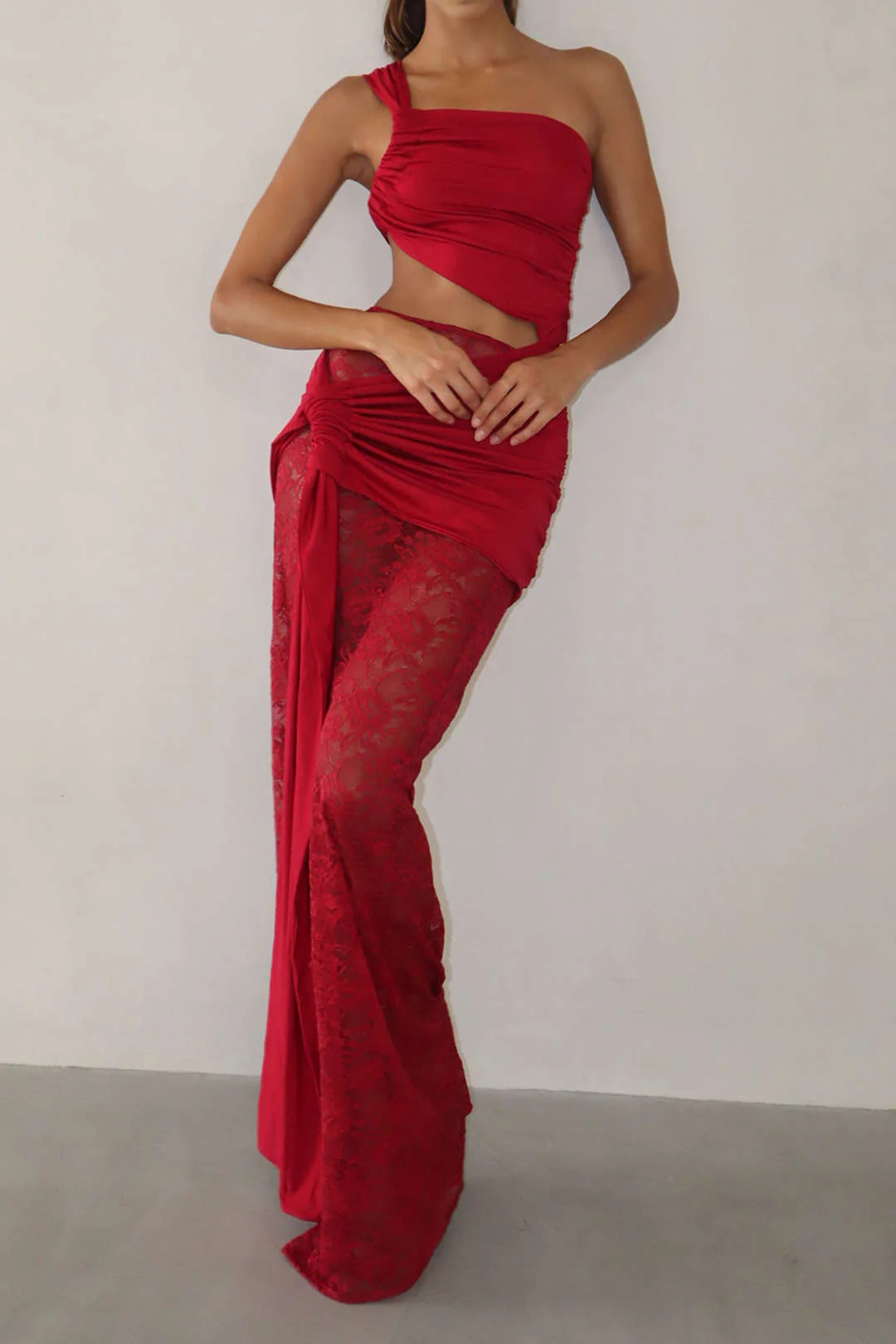 Lace Tie-Front Hollow-Out Patchwork Ruched Skirt Ensemble