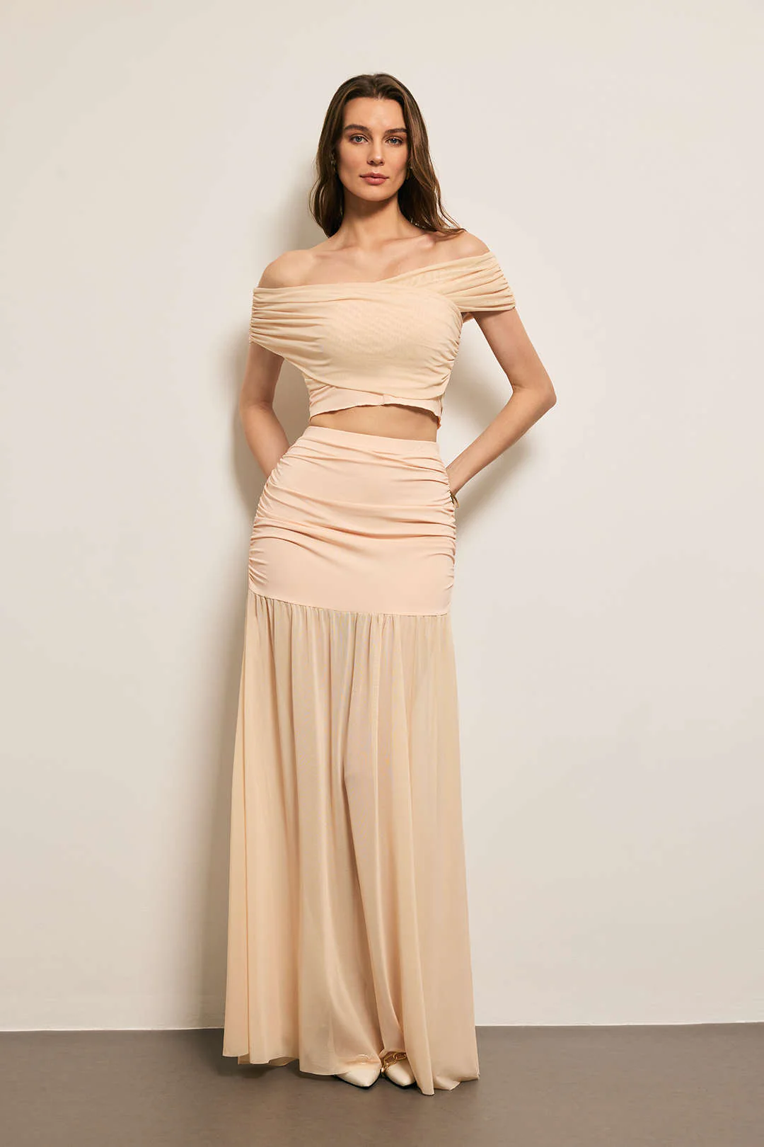 Ruched Patchwork Top and Skirt Outfit Set