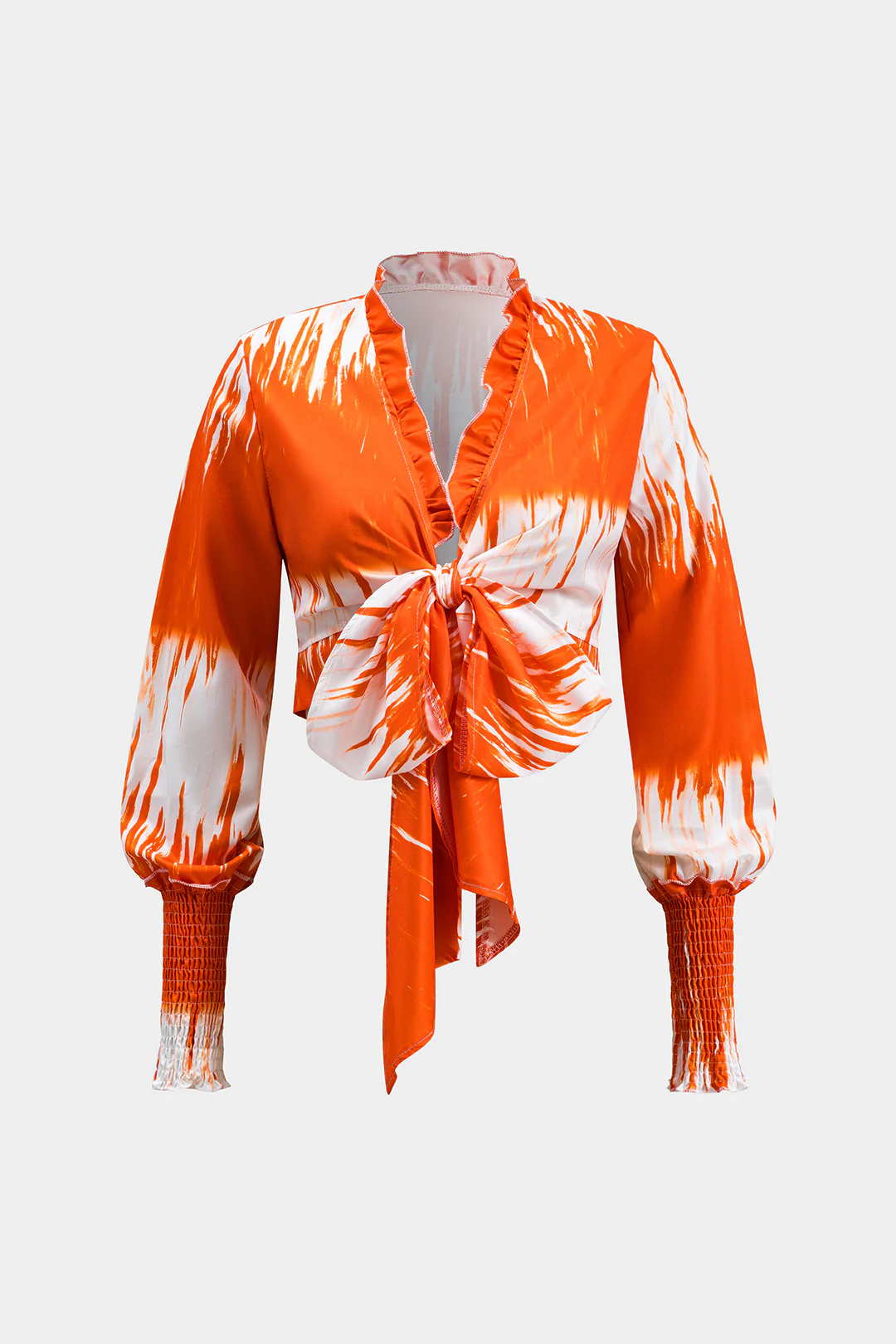 Tropical Print Ruffled V-Neck Tie-Front Top and Ruched High-Waist Wide-Leg Pants Set