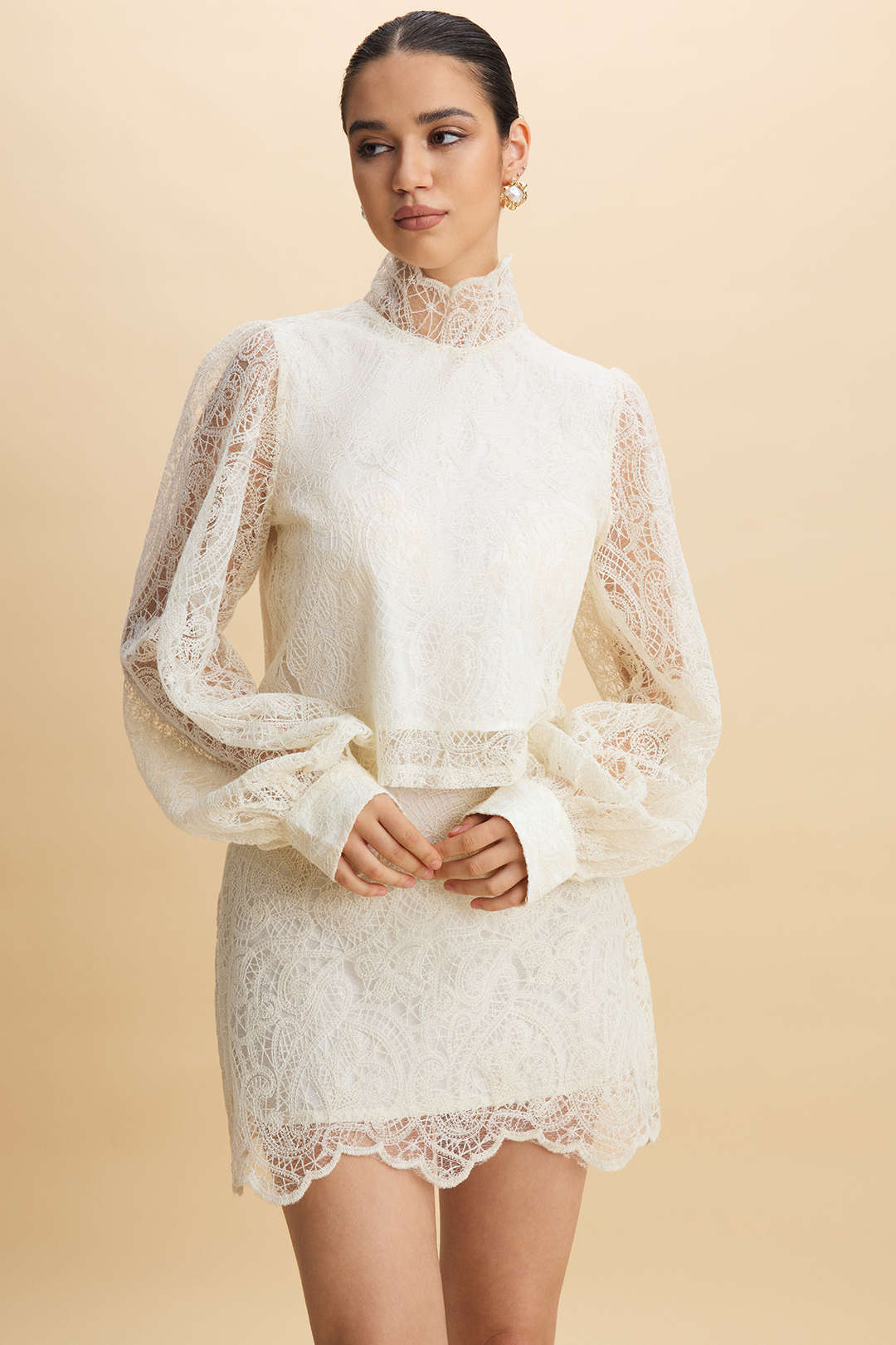 Lace Patchwork High Collar Lantern Puff Sleeve And Skirt Set
