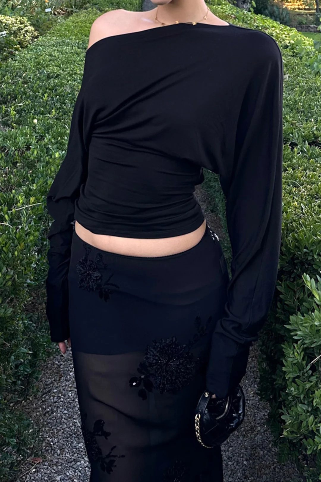 Cut-Out Asymmetric Neck Ruched Long-Sleeve Top