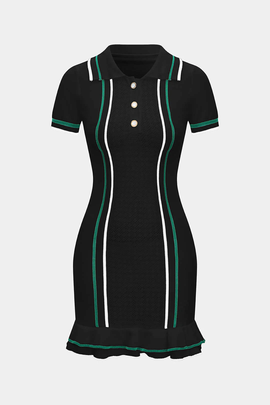 Knit Contrast Button Ruffle Short Sleeve Dress