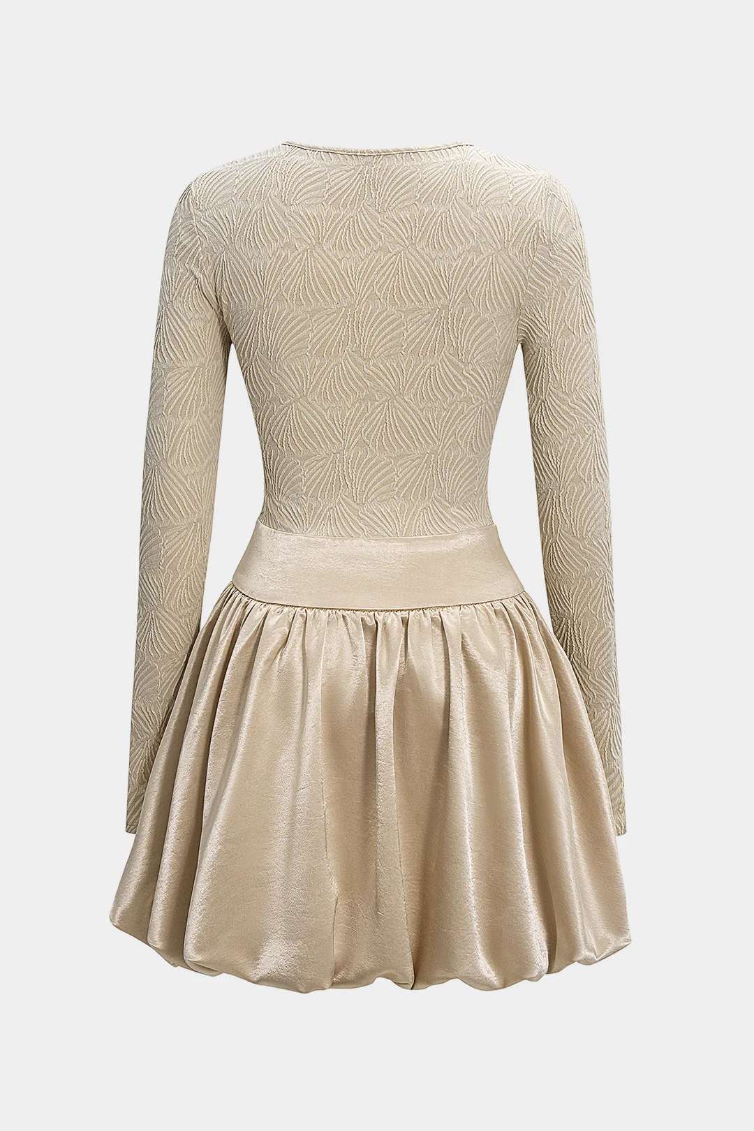 Satin Round Neck Ruched Belted Long Sleeve Mini Dress