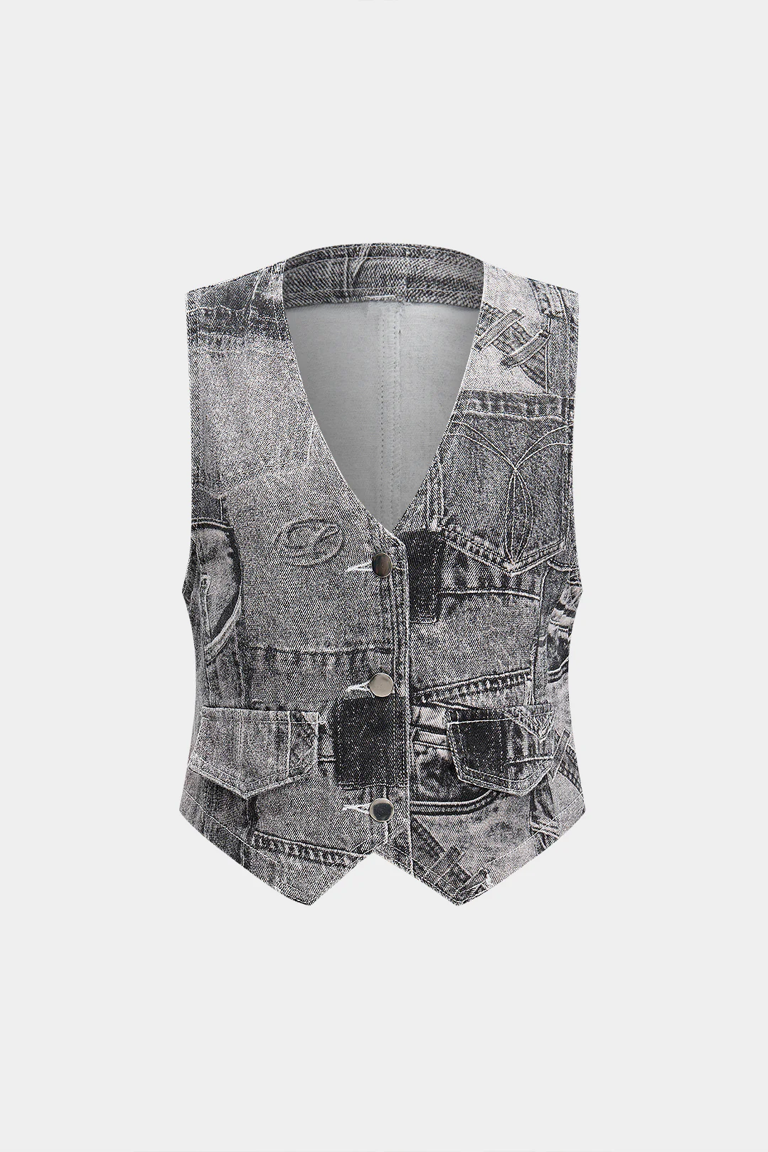 Denim V-Neck Fake Pockets Vest