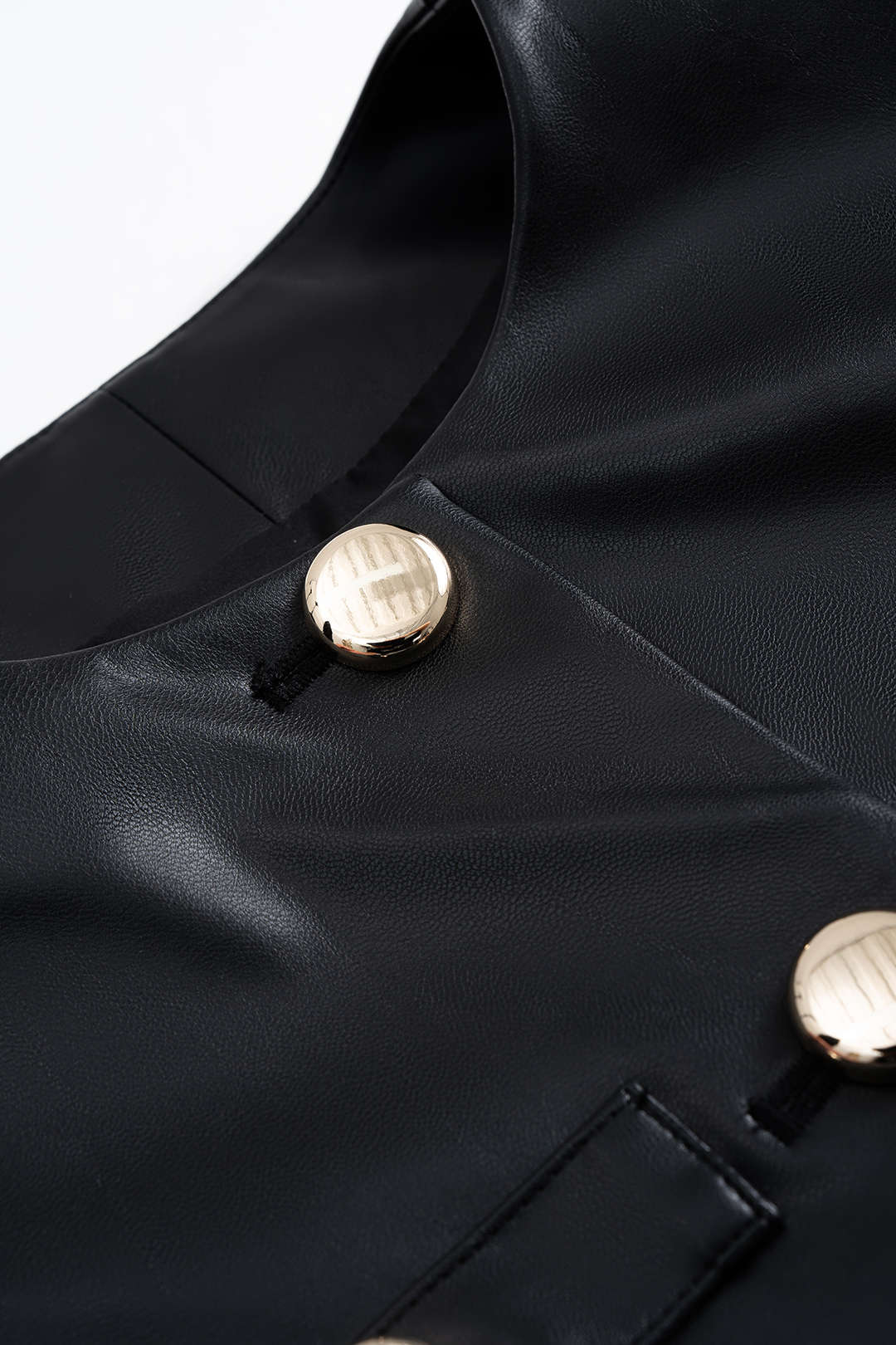 Faux Leather Metallic Button Round Neck Shoulder Pads Vest