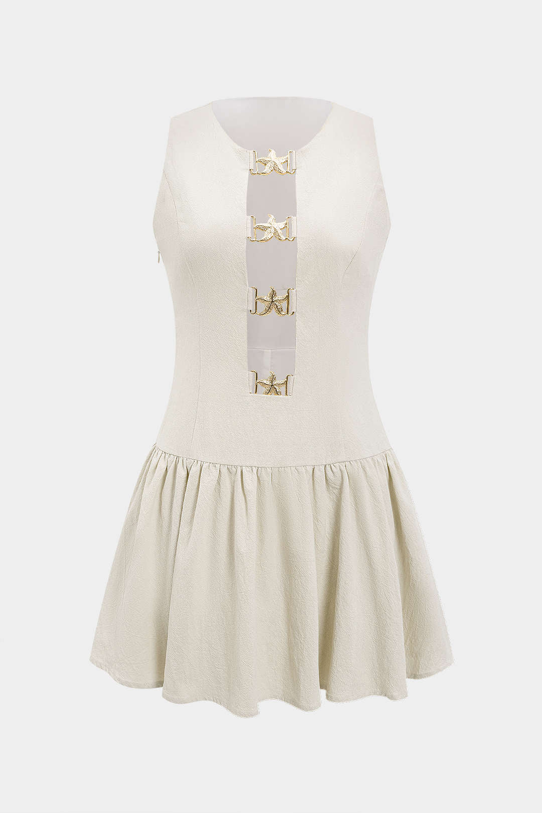 Linen Metallic Decor Cut Out Ruched Sleeveless Mini Dress
